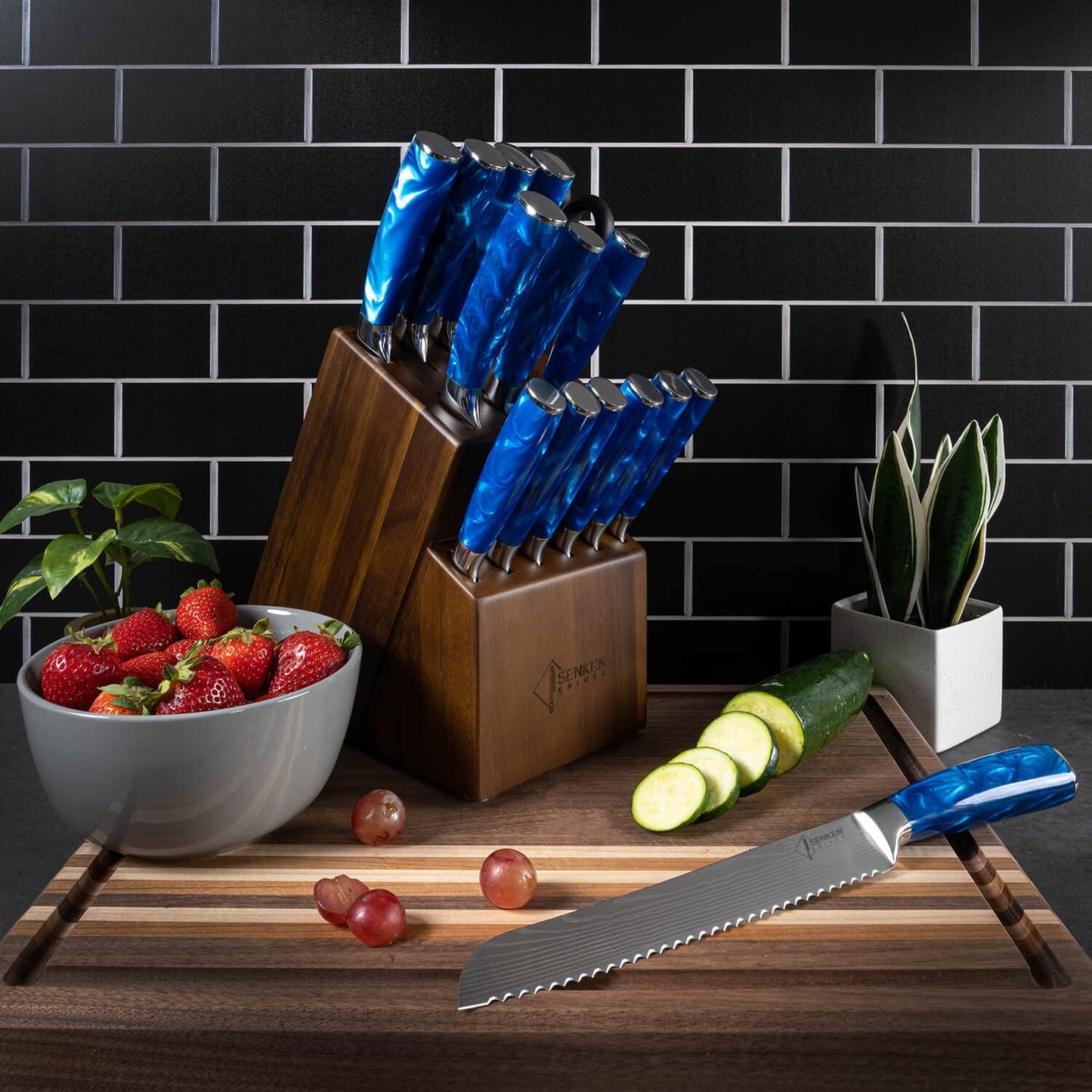 SENKEN 16-Piece Kitchen Knife Block Set - Japanese Chef's Knife Set with Laser Damascus Pattern, Includes 6 Steak Knives and Smoothly Finished Acacia Hardwood Knife Block (Blue Resin Handles)