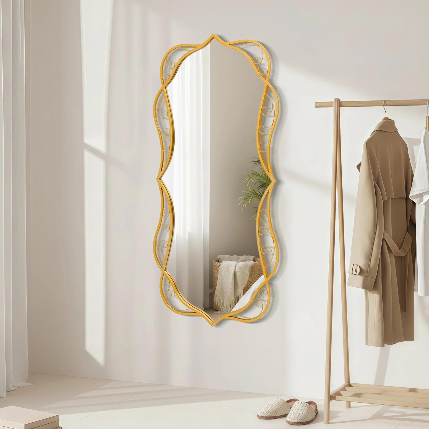 Besdomus Large Bathroom Gold Mirror: 30"x60" Scalloped Modern Long Full Length Vanity Wall Mirror - Farmhouse Decorative Vertical or Horizontal Hanging for Bathroom/Entryway/Fireplace/Bedroom