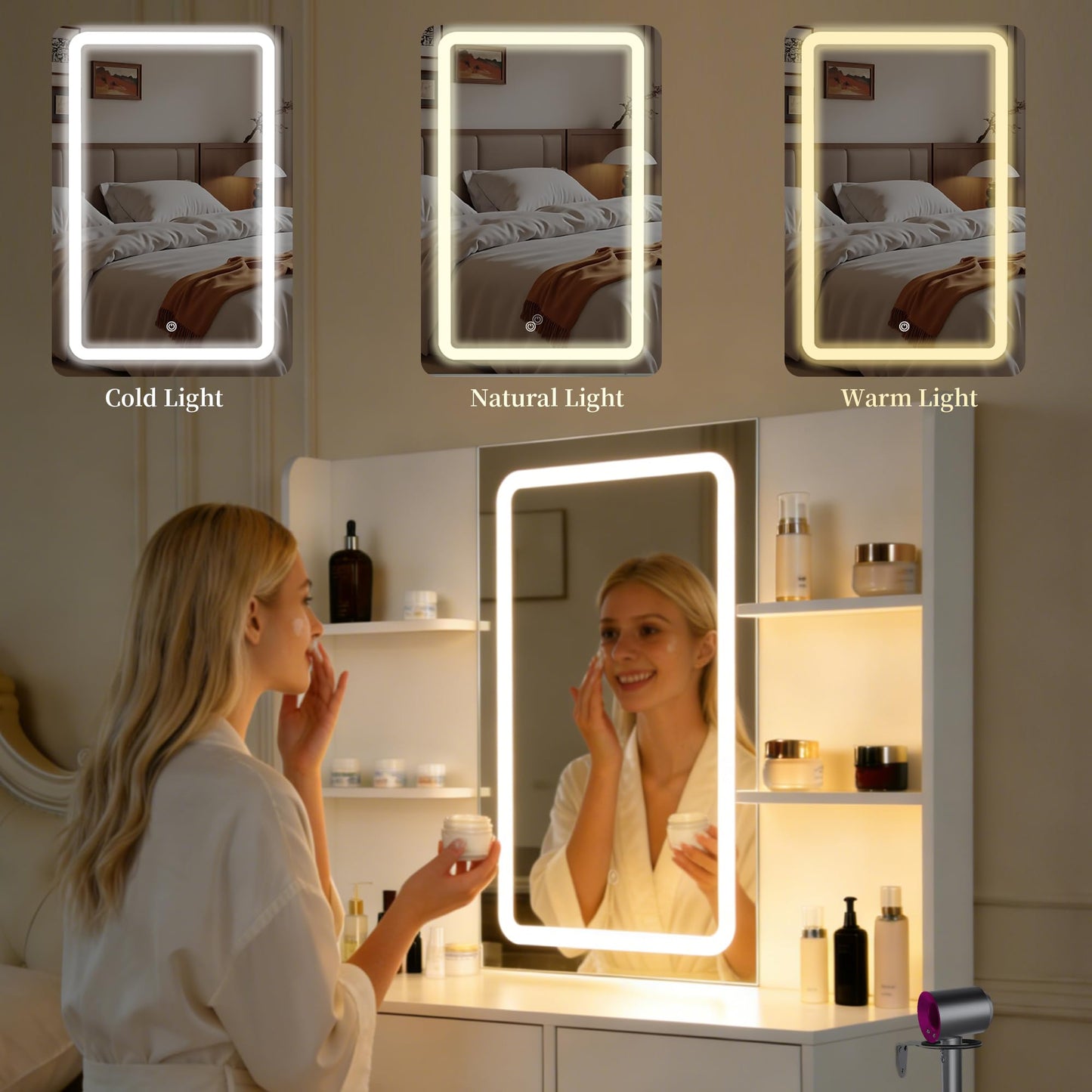 Ntufrest White LED Vanity Table with Three-Color Adjustable Light HD Mirror, USB Charging Port,Leather Stool, Double-Layer Acrylic Cabinet with Ambient Lighting,and Makeup Table with Drawer Storage