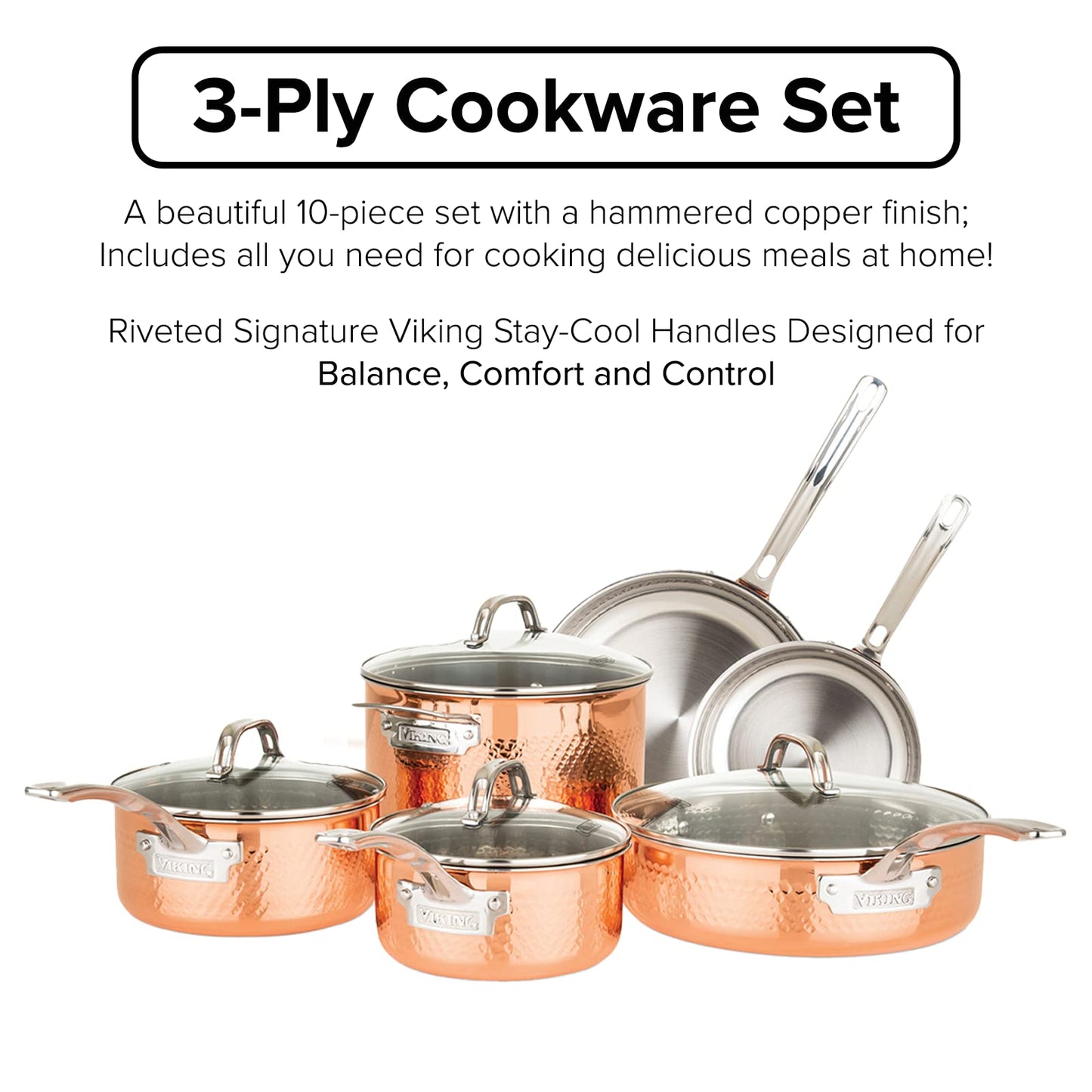 Viking Culinary 3-Ply Stainless Steel Hammered Copper Clad Cookware Set, 10 Piece, Oven Safe & Culinary 304 Stainless Steel Kitchen Utensil Set, Ergonomic Stay-Cool Handles
