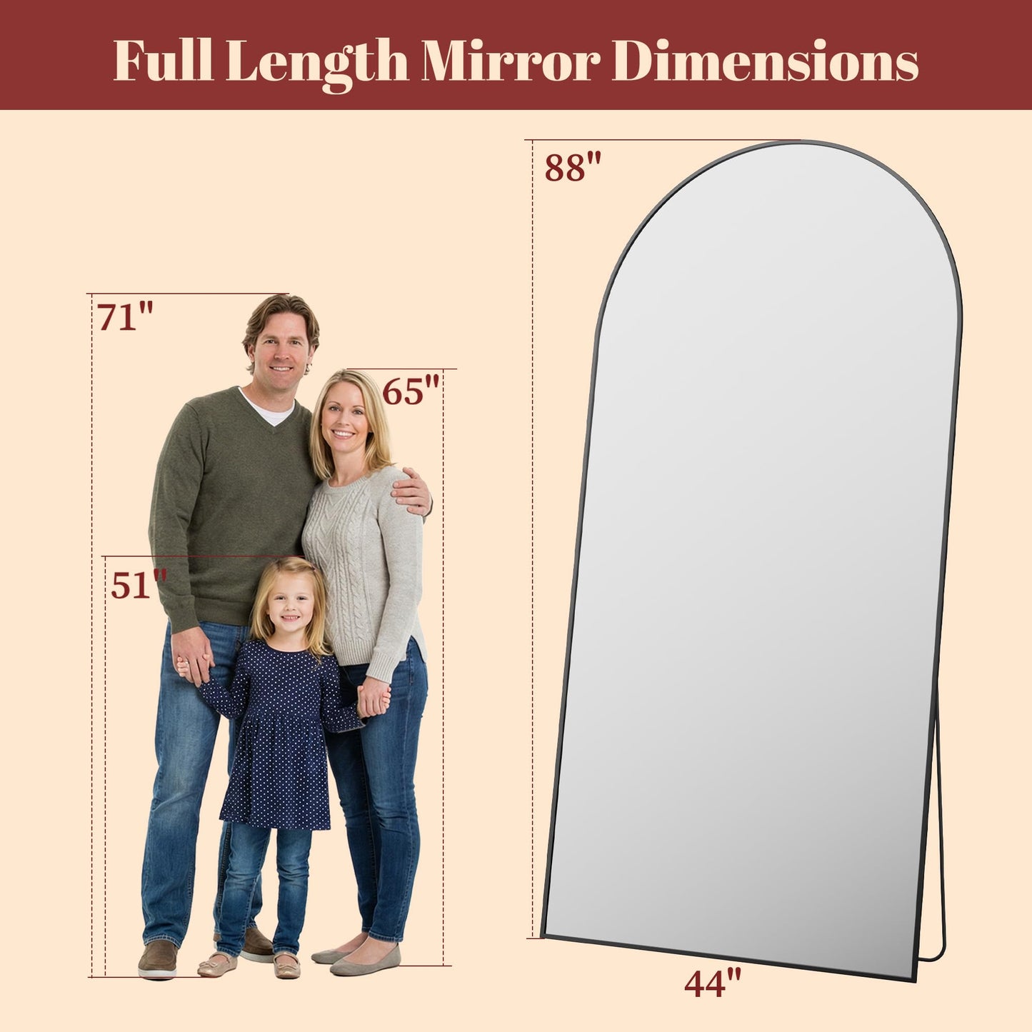 Suidia 88"x44" Arched Full Length Mirror with Stand, Full Body Mirror with Aluminum Frame, Freestanding/Leaning/Wall-Mounted, Floor Mirrors for Bedroom, Living Room, Entryway, Dressing Room, Black