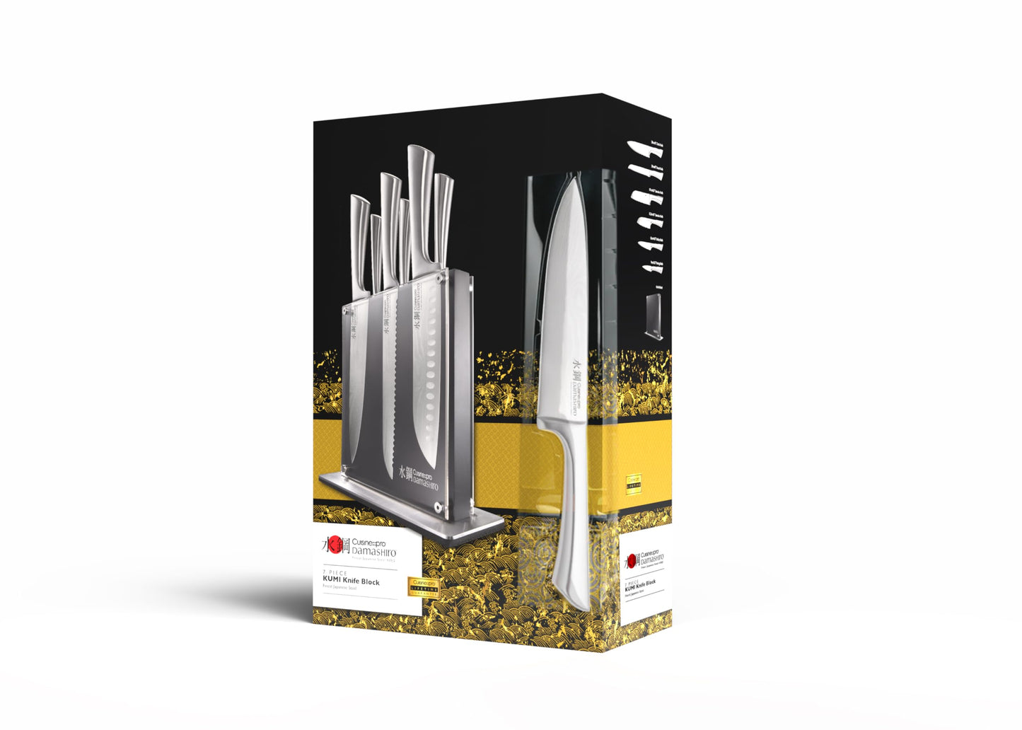 Cuisine::pro Damashiro Knife Block (Kumi, 7-Piece Chef Knife Set) - Japanese Steel Knife - Magnetic Knife Block- Damascus-Inspired Blade Kitchen Knives