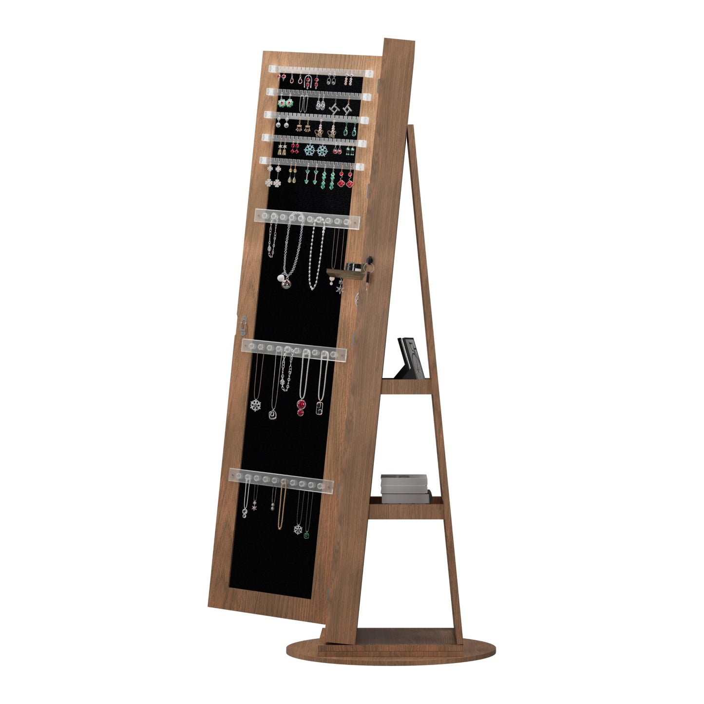 KEIKI 360°Swivel Jewelry Armoire with Full Length Mirror, 62.3" Rotating Standing Jewelry Armoire Organizer, Lockable Storage Cabinet, Interior Lighted Mirror, Walnut