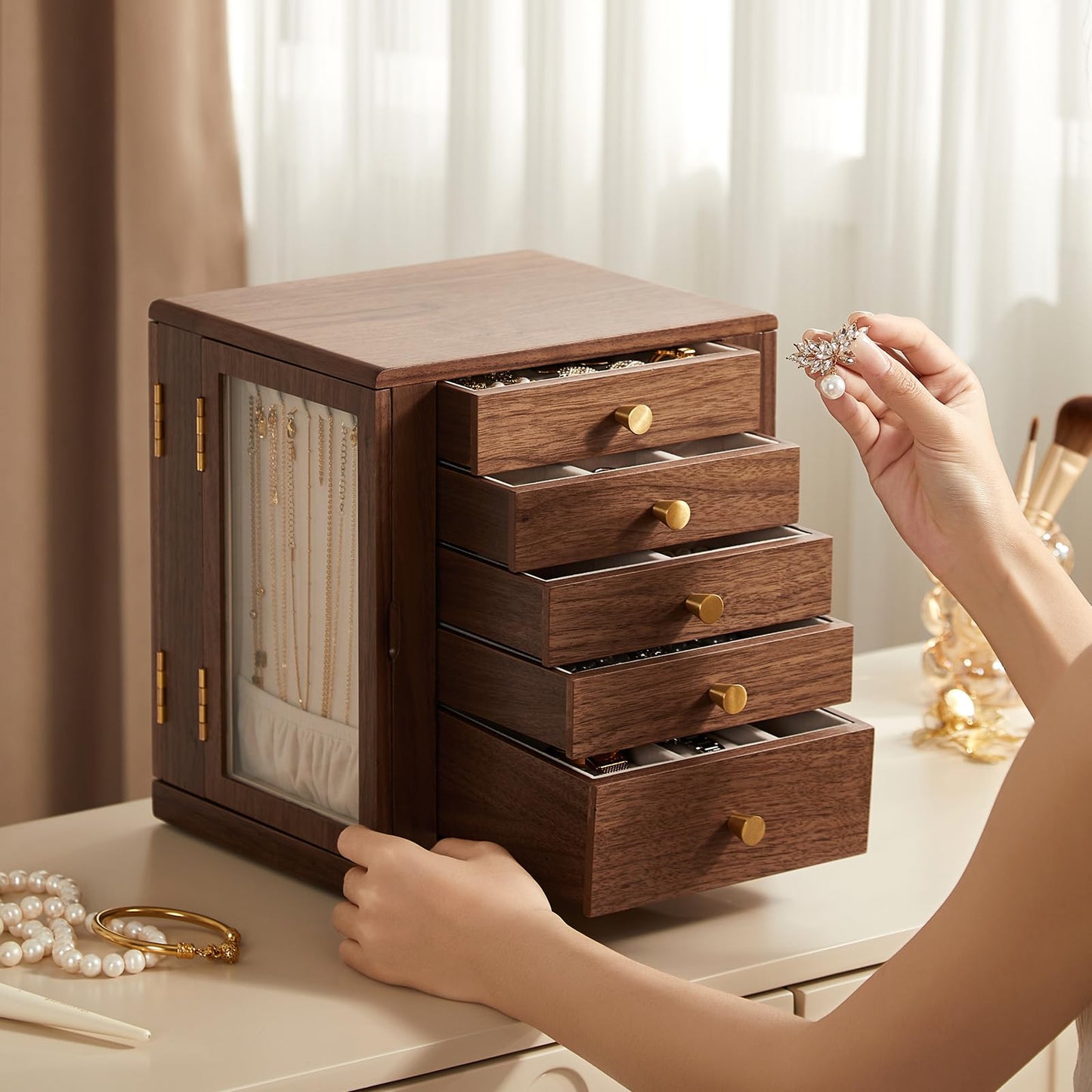Homruilink Black Walnut Wooden Jewelry Box - 360° Rotating Jewelry Organizer for Women with 5 Drawers for Rings,Necklaces,Earrings and Bracelets -Large Storage Case - Ideal Gift