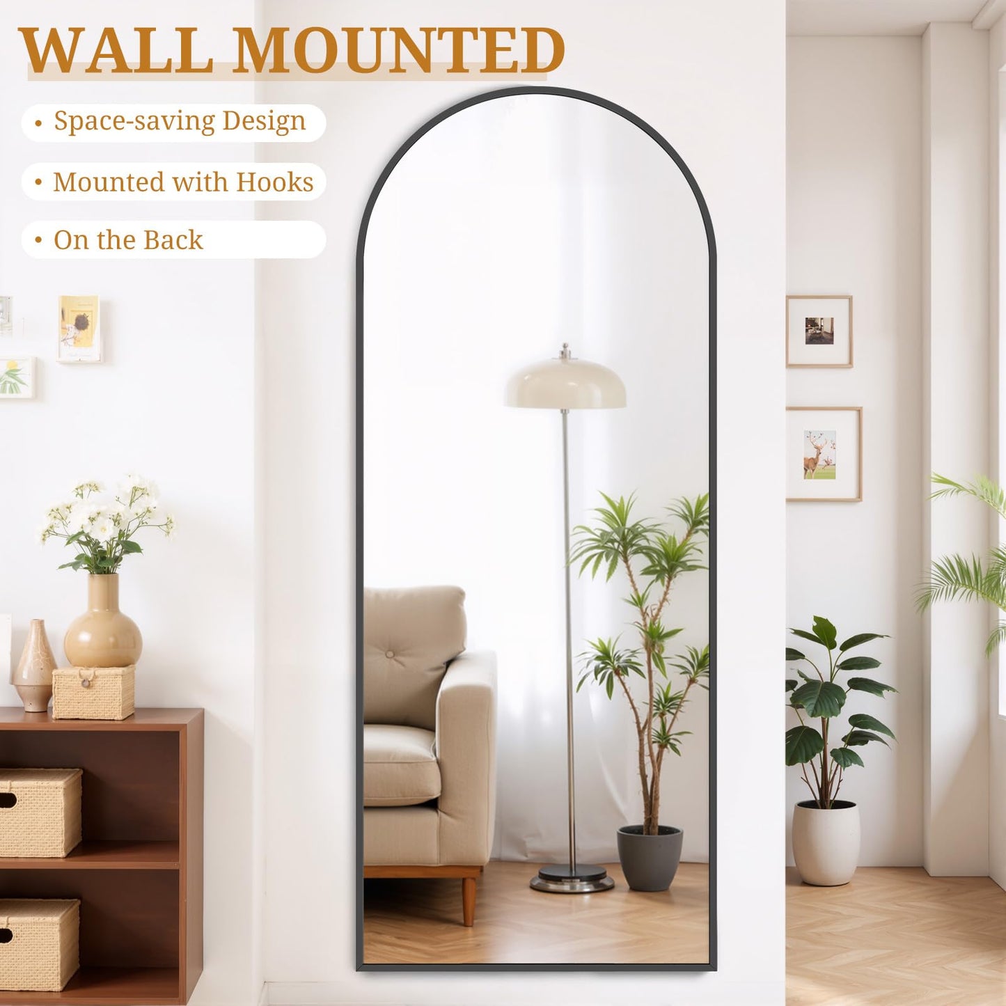 Full Length Mirror 71"x26" Full Body Mirror Arched Free Standing Wall Mounted Leaning Floor Mirrors with Stand Aluminum Alloy Frame for Bedroom Cloakroom, Black