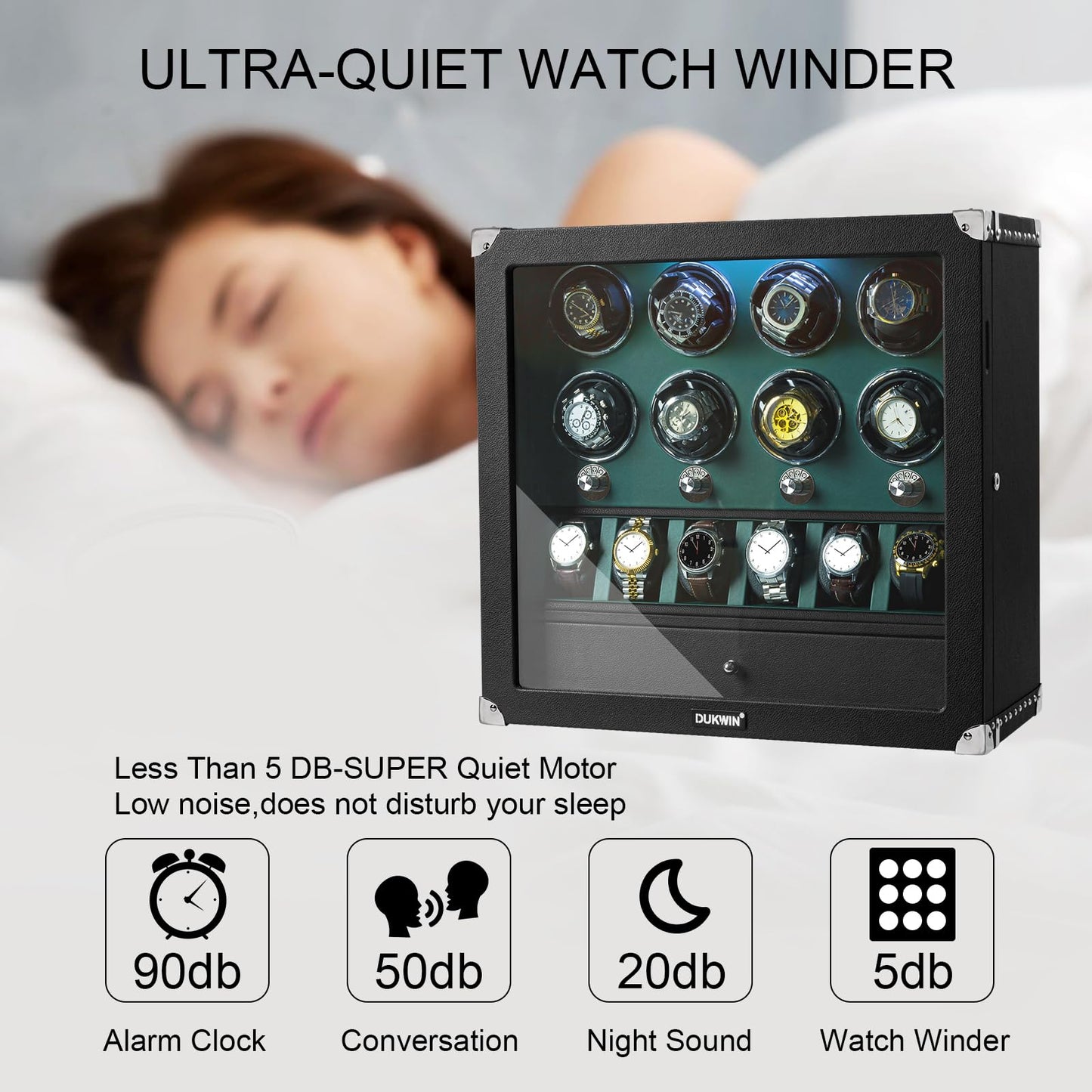 DUKWIN Watch Winder for 6 Automatic Watches,Lockable Watch Winders with Watch and Jewelry Storages, Super Quiet Mabuchi Motor with High-Gloss Piano Lacquer Finish,Built-in Illumination-White