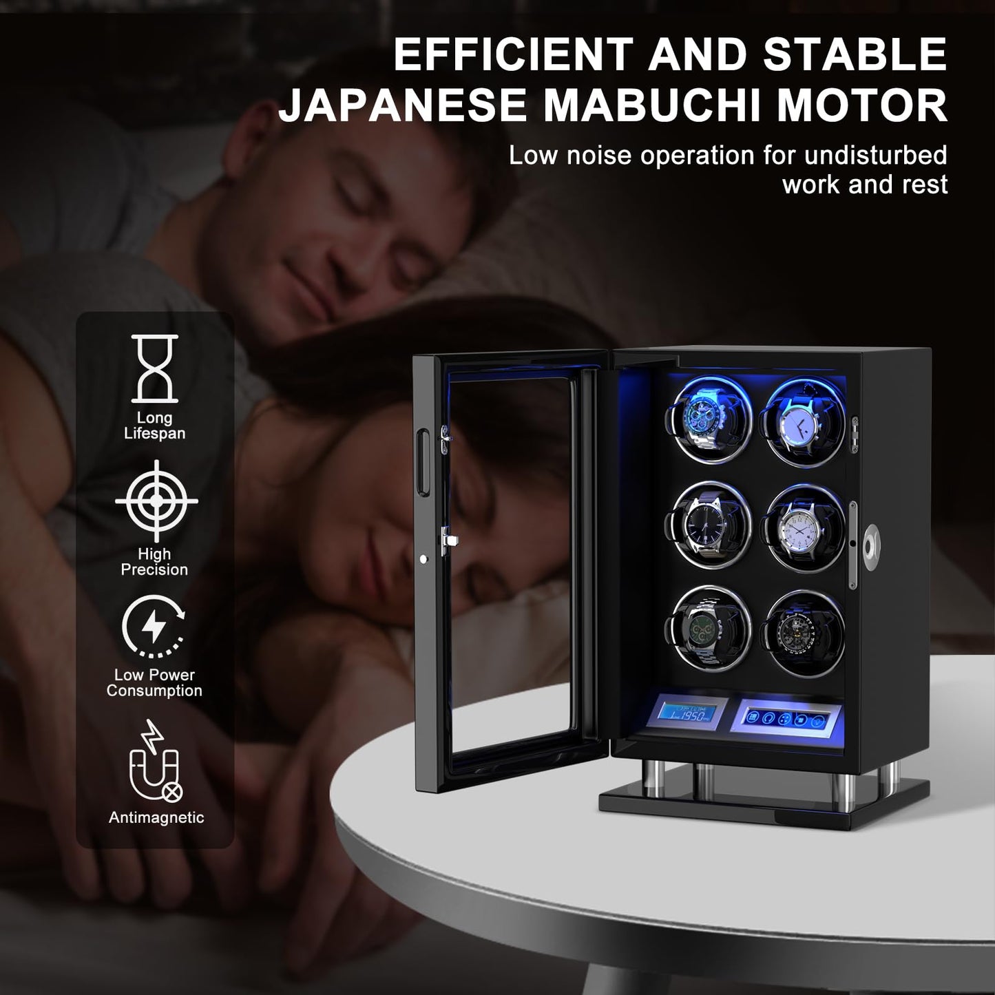 DUKWIN Watch Winder for 6 Automatic Watches, Fingerprint Lock Watch Winders with LCD Touchscreen, Blue LED Light, Remote Control,Adjustable Pillow and Quiet Motor for Universal Watches, 5TPD