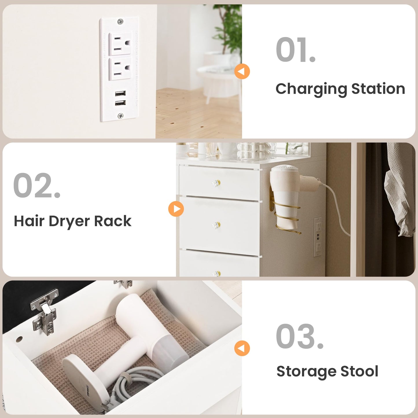 Pamapic Glass Top Makeup Vanity with Crystal Handles, 11 Drawers Vanity Desk with Mirror and Stool, 3 Lighting Modes Dressing Table with Charging Station, White