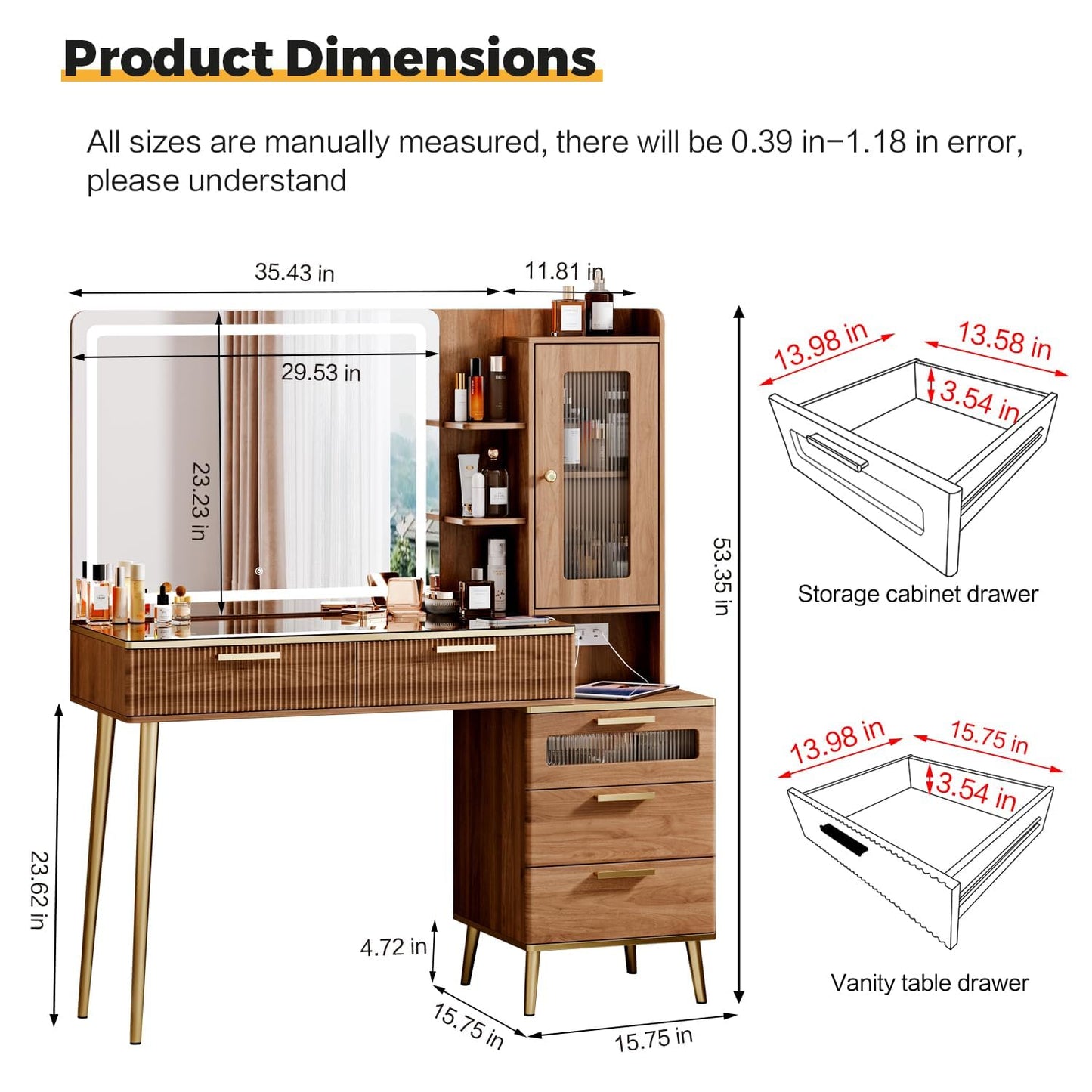 Arulvmrn Vanity Desk with 29.53" HD Lighted Mirror, 47.24" Big Modern Vanity Desk with Mirror and Lights, Makeup Vanity with 5 Drawers and Storage Shelves and Charging Station,Brown