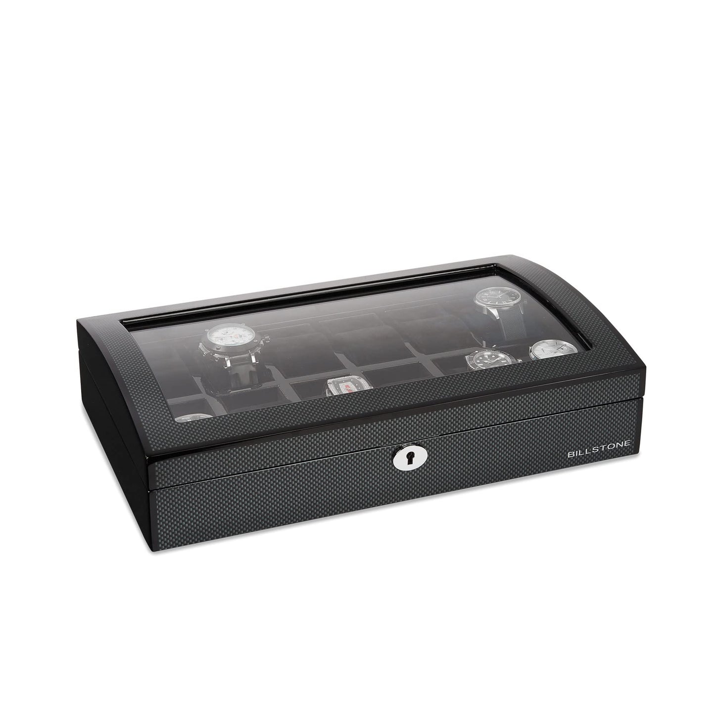 BILLSTONE Romanoff 12 Watch Box – 12 Slot Watch Organizer, Carbon Fiber Finish with Black Velvet Interior