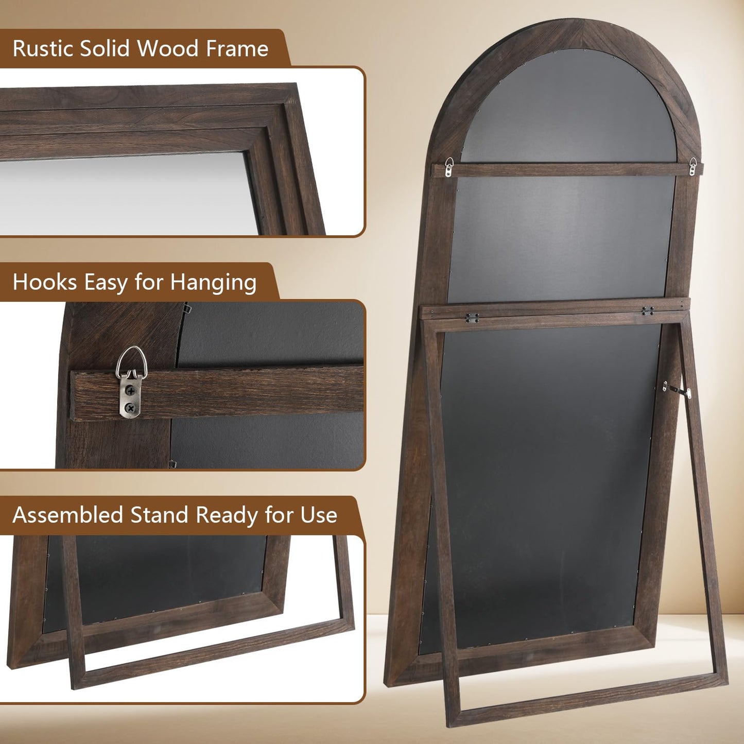 MELOMOIR Arched Full Length Mirror with Solid Wood Frame, 71"x32" Rustic Farmhouse Large Floor Mirror with Stand, Free Standing Leaning Hanging, for Bedroom Living Room Dressing Room Entryway, Brown