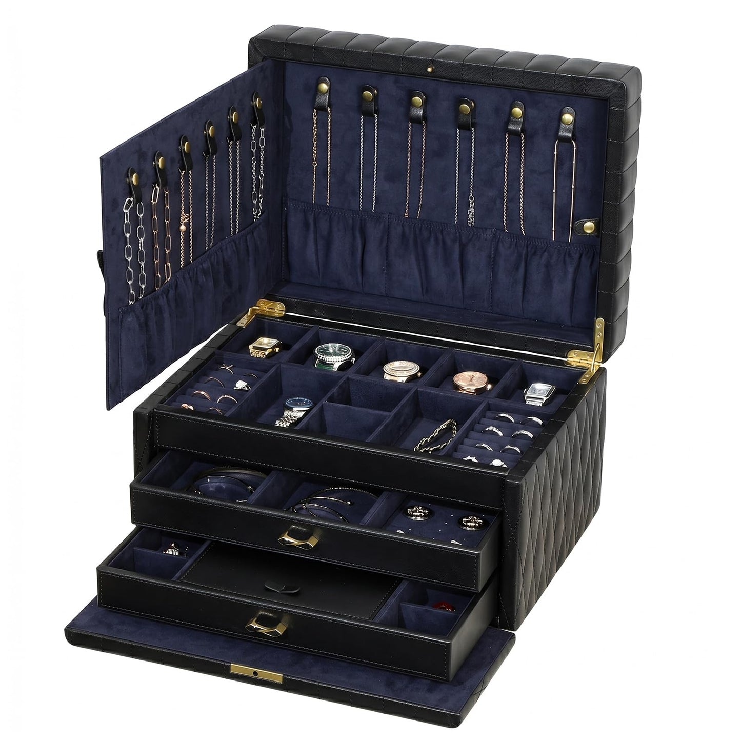 Homruilink Genuine Leather Jewelry Box - 3 Layer Large Jewelry Organizer with Mirror, Lockable Jewelry Box for Women - Necklace, Ring, Earring Organizer with Drawer - Ideal Gift (Black)