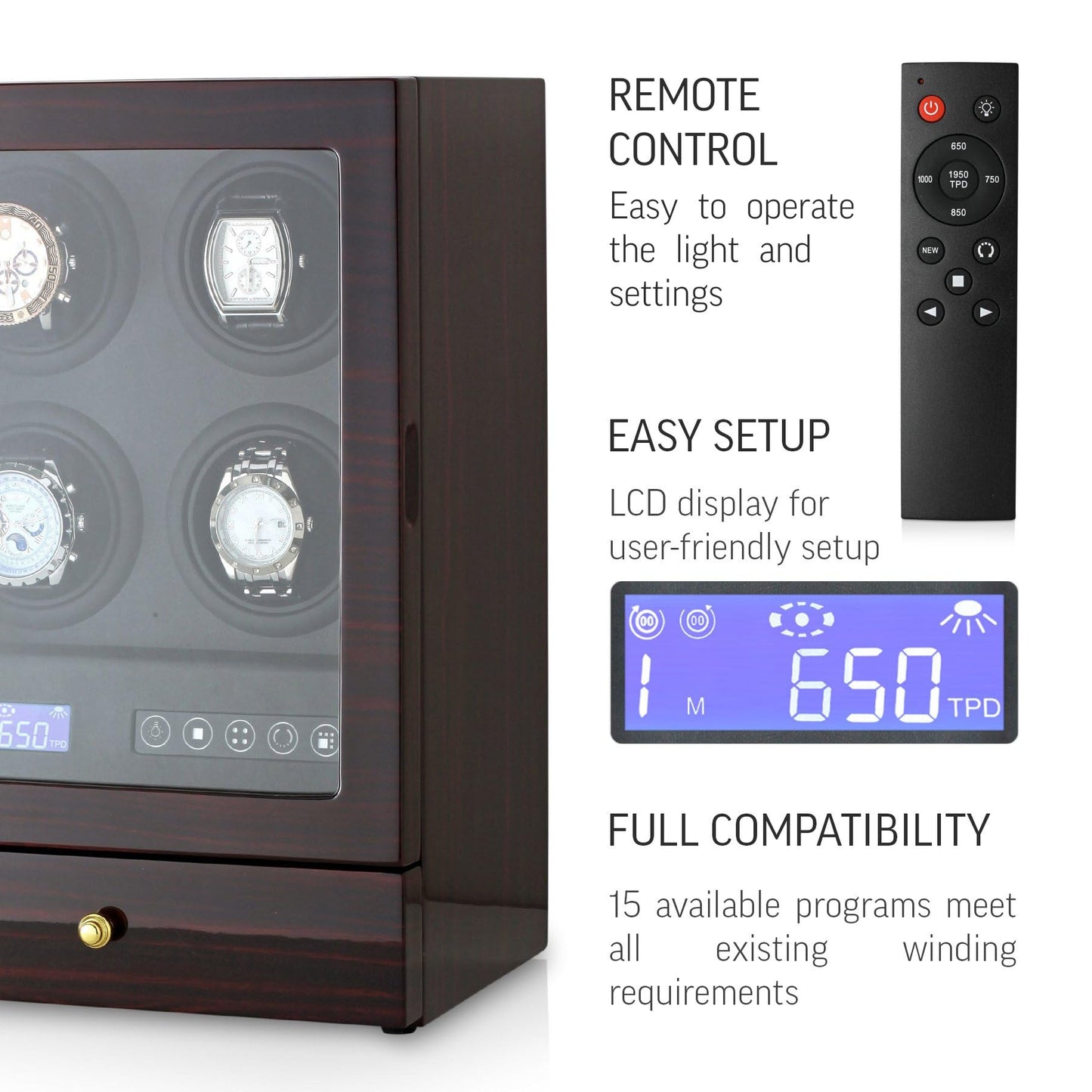 Automatic Watch Winder with LED Light, Storage Drawer and LCD Touchscreen Control (Ebony)