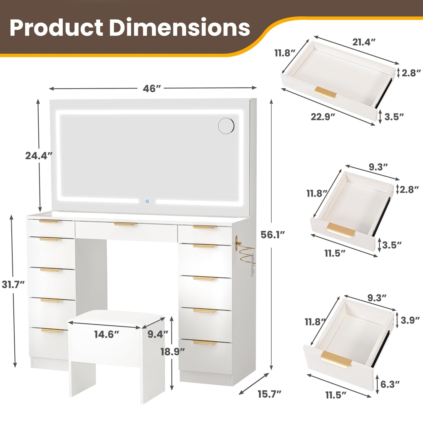 Fkhouse Glass Top Vanity Desk with Mirror and Lights, 11 Drawers Makeup Vanity with Stool, 3 Lighting Modes Dressing Table with Power Outlet, Golden Handles, White
