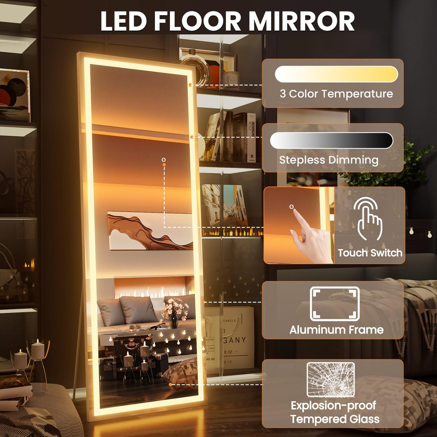 Pertetey 79x36 Inch LED Full Length Mirror with Lights, White Frame Dimmable & 3 Color Modes Floor & Wall Mounted Long Mirror