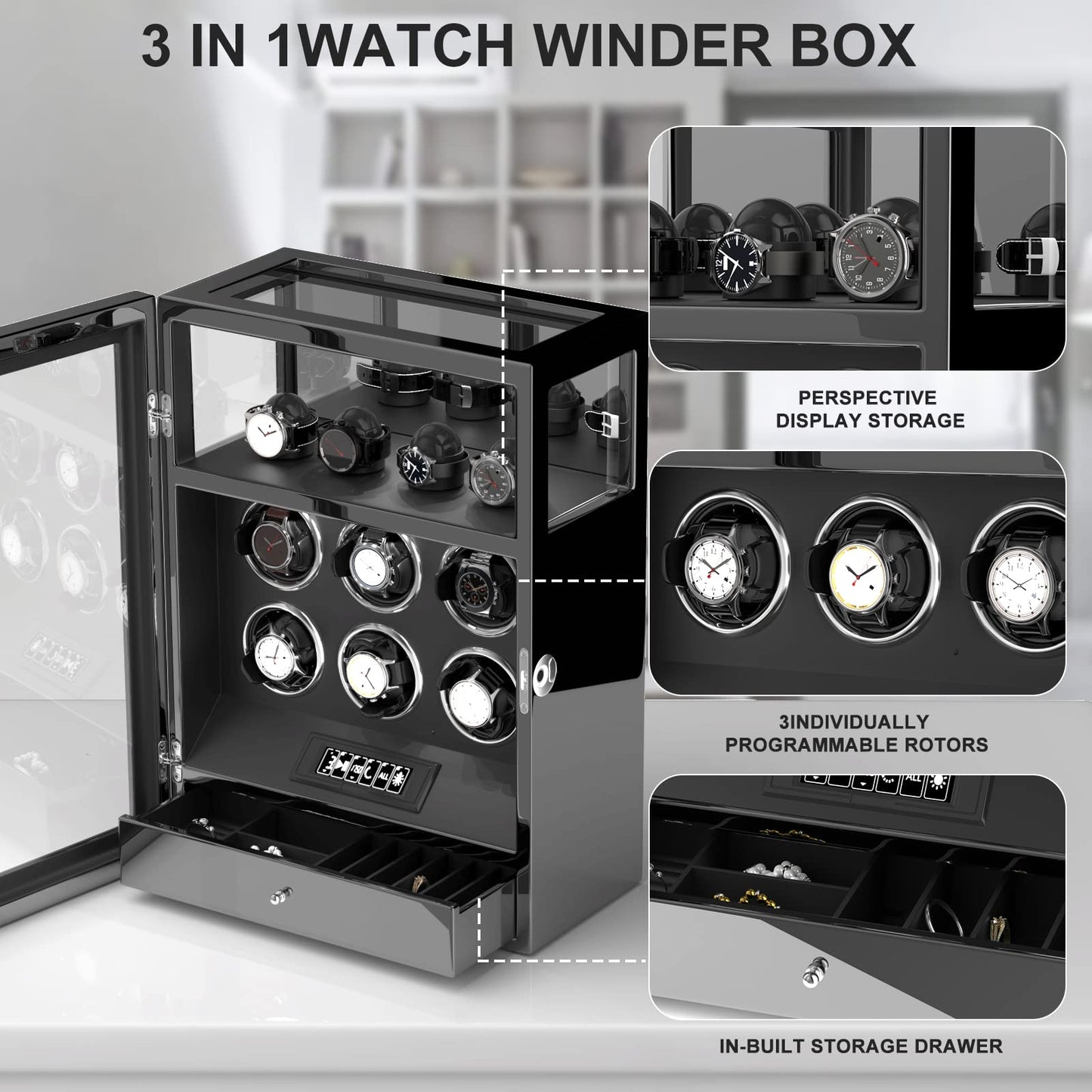 DUKWIN Watch Winder, Fingerprint Lock Automatic Watch Winder for 6 Watches with 4 Holders,300-2300 TPD,Digital Display, Remote Control,Jewelry Storage and Adjustable Watch Pillow and LED Light,Black
