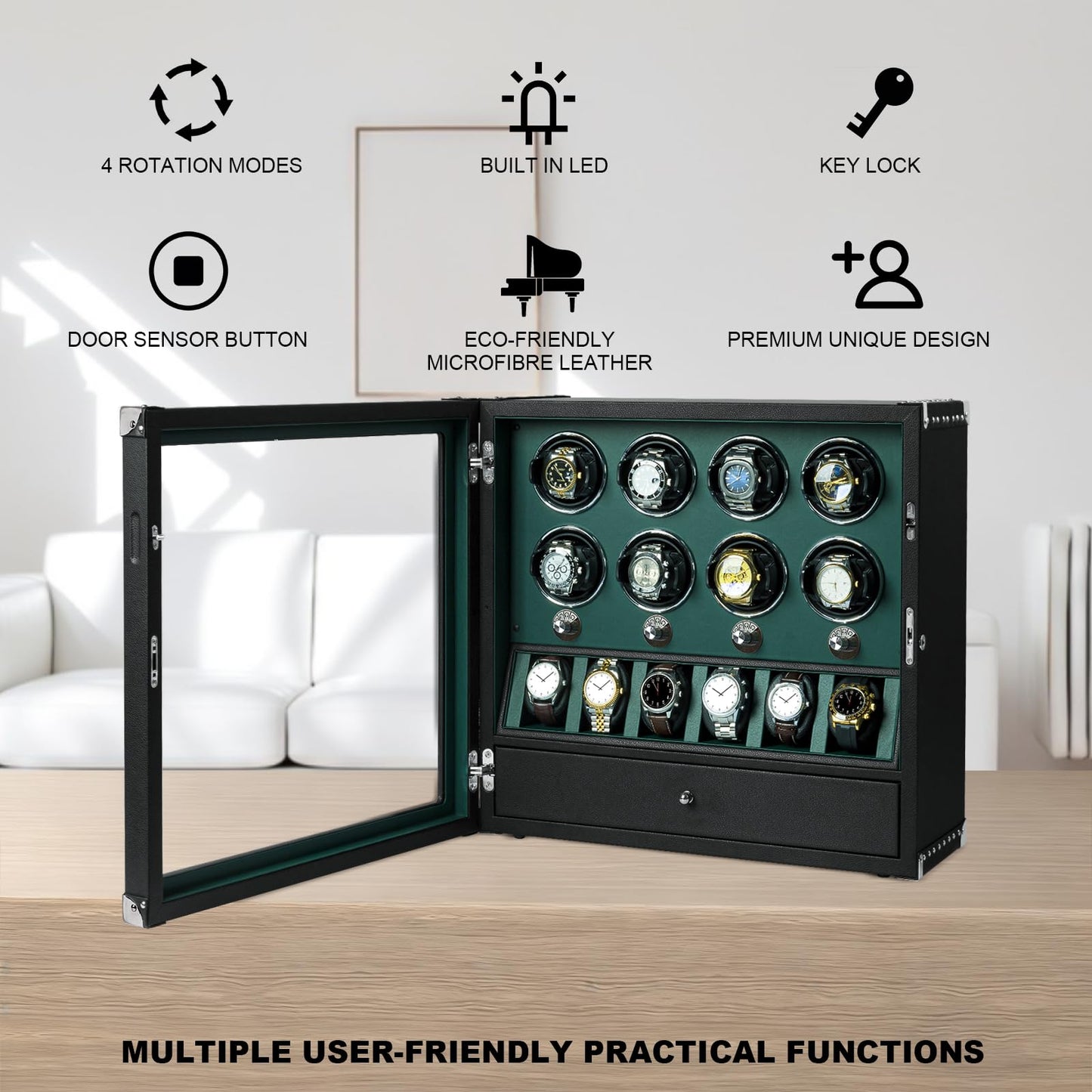 DUKWIN Watch Winder for 6 Automatic Watches,Lockable Watch Winders with Watch and Jewelry Storages, Super Quiet Mabuchi Motor with High-Gloss Piano Lacquer Finish,Built-in Illumination-White
