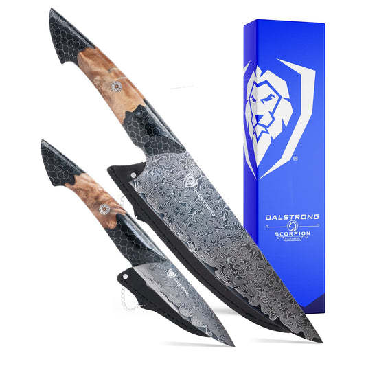 Dalstrong 2 Piece Set - Chef Knife 8 inch + Paring Knife 4 inch - Scorpion Series - Venom Edition - Japanese V12 Ultra™ Steel - Spiral Blade Pattern - Black Honeycomb Resin Handle - Leather Sheath