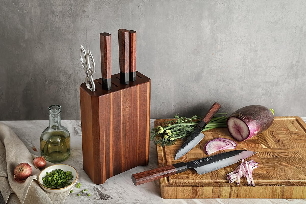 HEZHEN Knife Block Set, 7 Piece Chef Knife Set with Block&Siccor, 3 Layers Clad Steel Kitchen Knife, Kitchen Scissors Acacia Wood Knife Block, Room-saving, Gift Ready Set