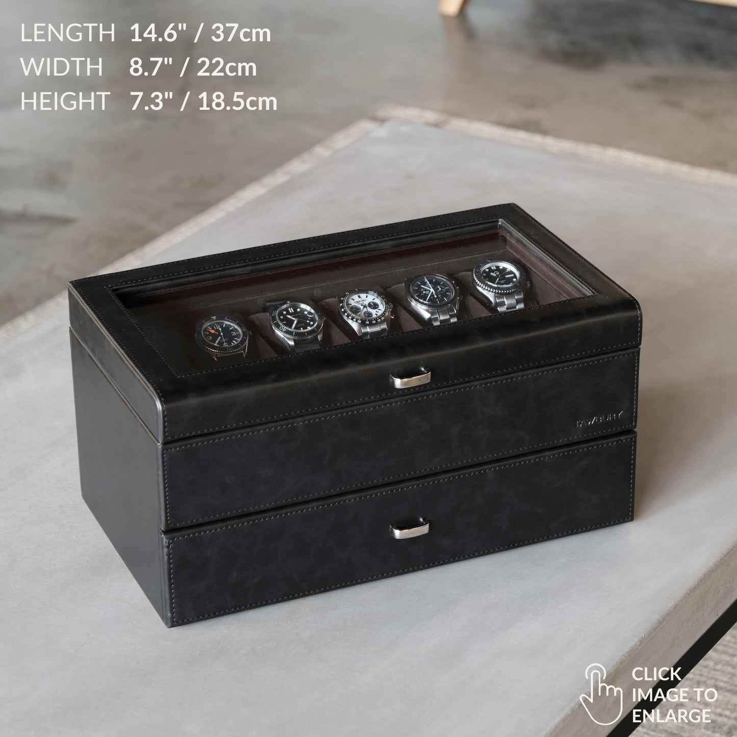 TAWBURY Watch Box for Men - Extra Large 24 Slot Watch Case with Real Glass Display, Removable Drawer and 2-inch Wide Pillows for Large Watches (Black/Charcoal)