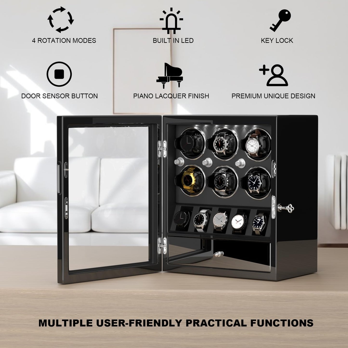 DUKWIN Watch Winder for 6 Automatic Watches,Lockable Watch Winders with Watch and Jewelry Storages, Super Quiet Mabuchi Motor with High-Gloss Piano Lacquer Finish,Built-in Illumination-Black