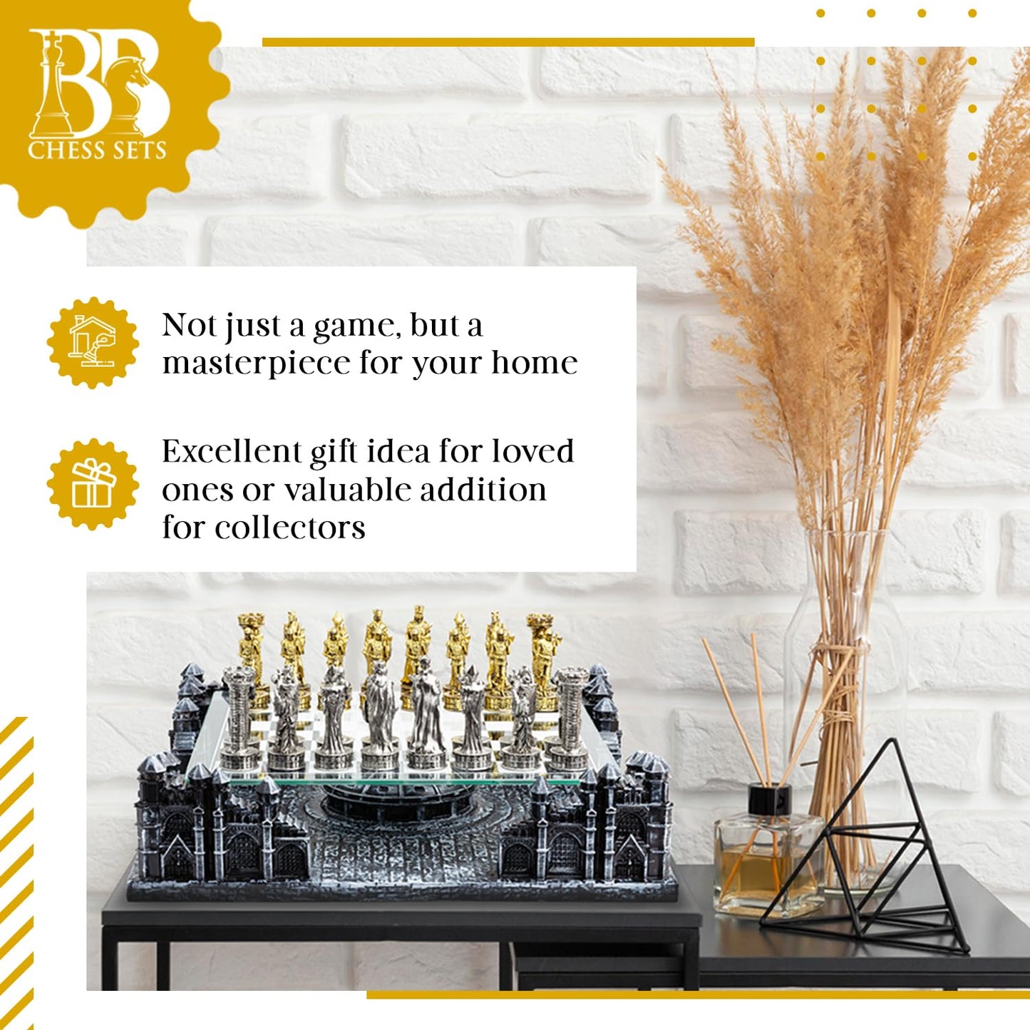 BB Chess Sets - Renaissance Knight 3D Chess Set – Unique Chess Board Set - Durable Gold and Silver Metal Pieces - Tempered Glass Board and Polyresin Base