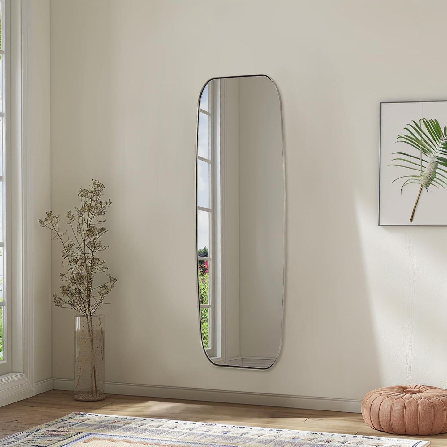 ANDY STAR 18x48 Full Length Wall Mirror, Brushed Nickel Oblong Shaped Body Mirror with Stainless Steel Metal Frame, Rounded Corner Design for Floor and Leaning