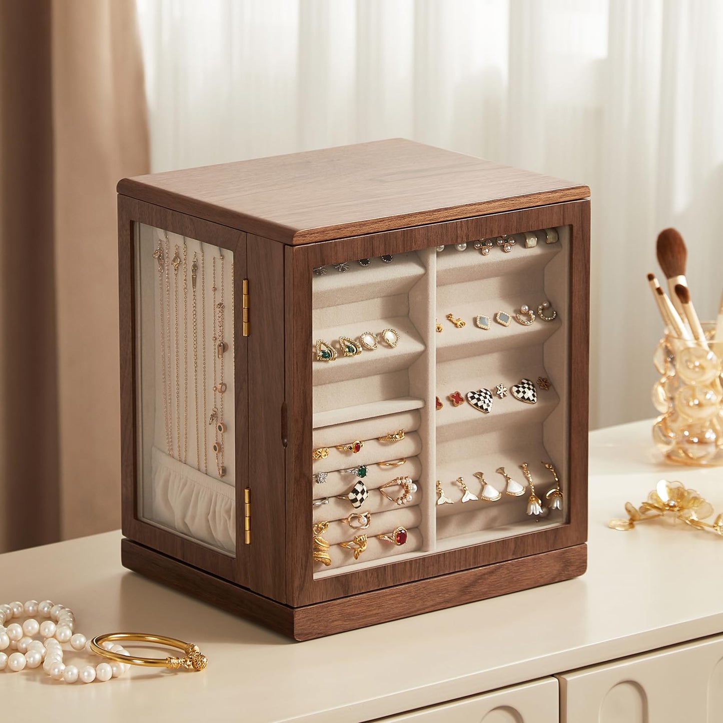 CHOSIN Black Walnut Wooden Jewelry Box, 360° Rotating Organizer with Glass Lid, 5 Drawers for Earrings, Rings, Necklaces – Vertical Jewelry Storage for Women, Ideal Gift for Her