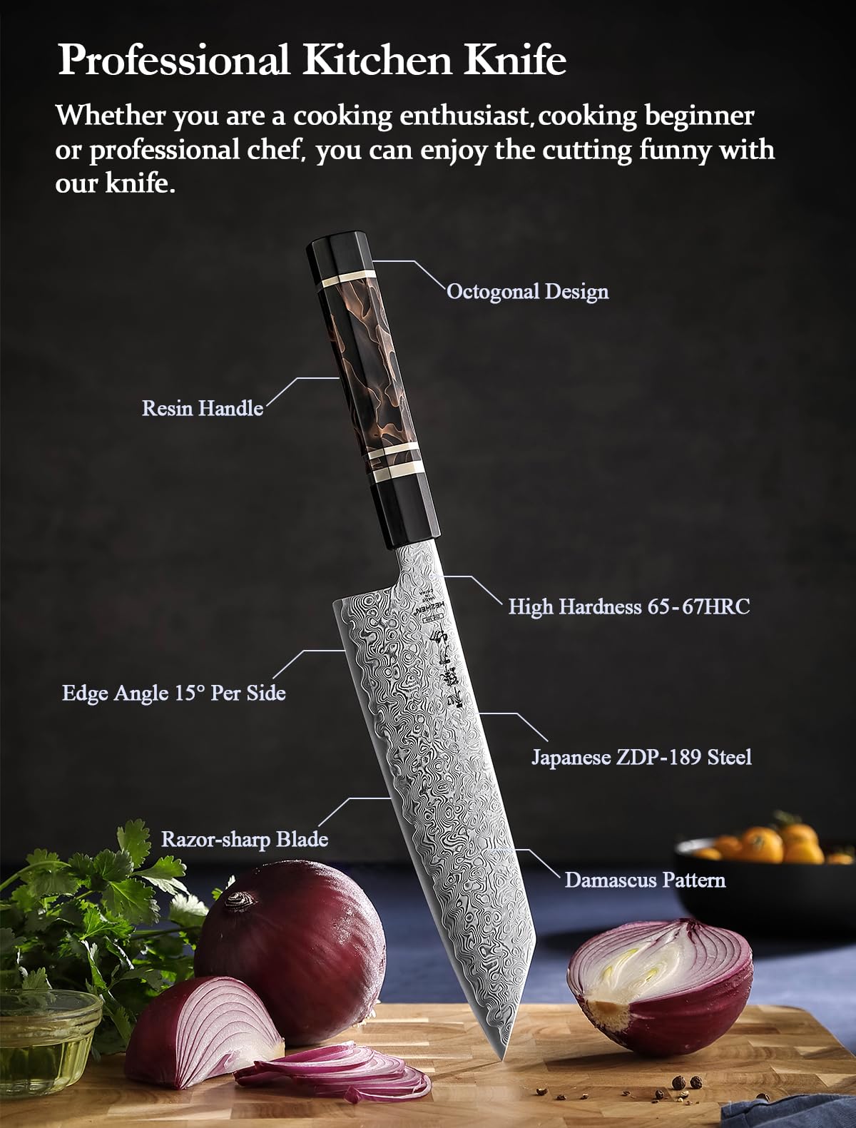 HEZHEN Kiritsuke Knife, 8.5 Inches, 49 Layers Damascus ZDP-189 Steel Japanese Chef Knife, Ultra Sharp Blade, Lightweight Handle, Acacia Wood Box Packing