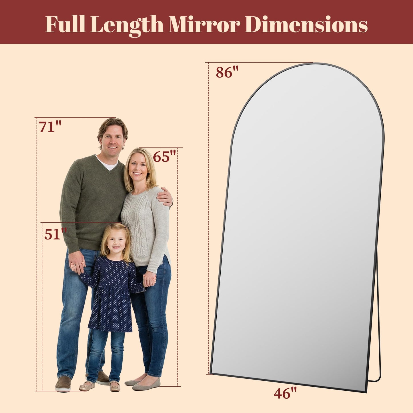 Suidia 86"x46" Arched Full Length Mirror with Stand, Full Body Mirror with Aluminum Frame, Freestanding/Leaning/Wall-Mounted, Floor Mirrors for Bedroom, Living Room, Entryway, Dressing Room, Black