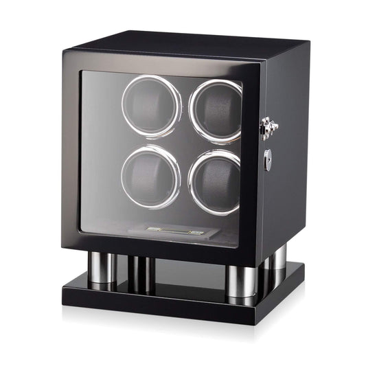 Watch Winder for 4 Watches with LED Backlight, LCD Display and Motor-Stop Option (Black & Black)