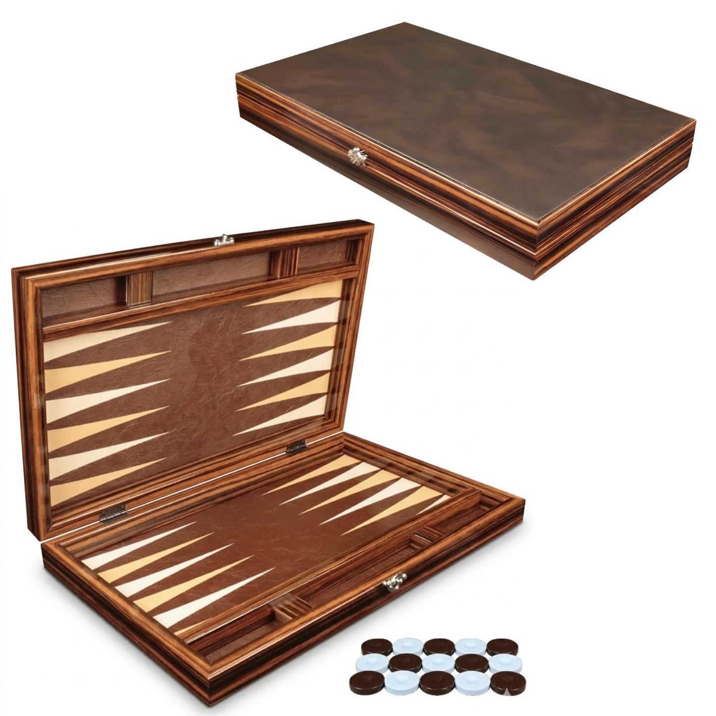 Turkish Backgammon Set for Adults, 19 Inch Luxury Ebony & Leather Backgammon Board, Premium Foldable Travel Game with Acrylic Checkers & Dice, Elegant Gift Choice for 2 Players