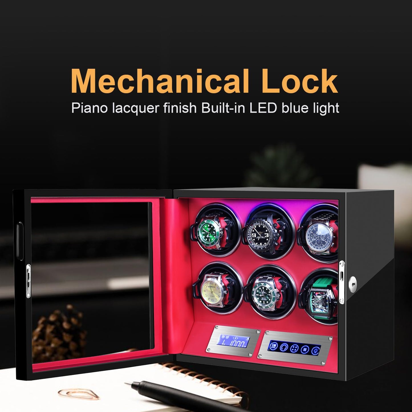 SNEOLTJN Watch Winder for 6 Slots Automatic Watches, Ultra-Quiet Japanese Motors, Built-in LED Illumination and LCD Touchscreen Control