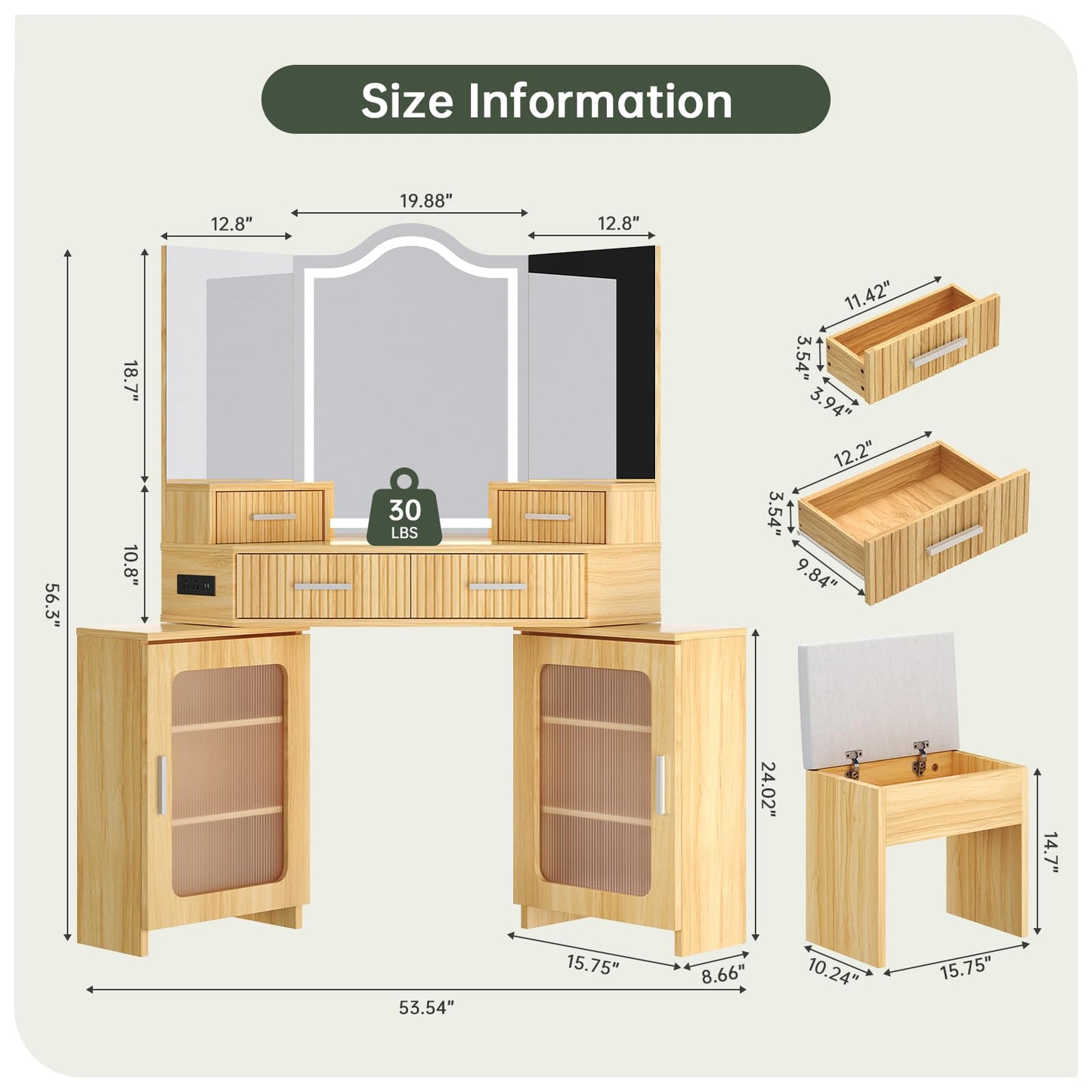 Corner Vanity with Mirror and Lights, Corner Makeup Vanity with 4 Drawers & 2 Cabinets, Vanity Set with Tri-Way Mirrors and Cushioned Stool, Big Vanities with Power Outlet Perfect for Bedroom, Oak
