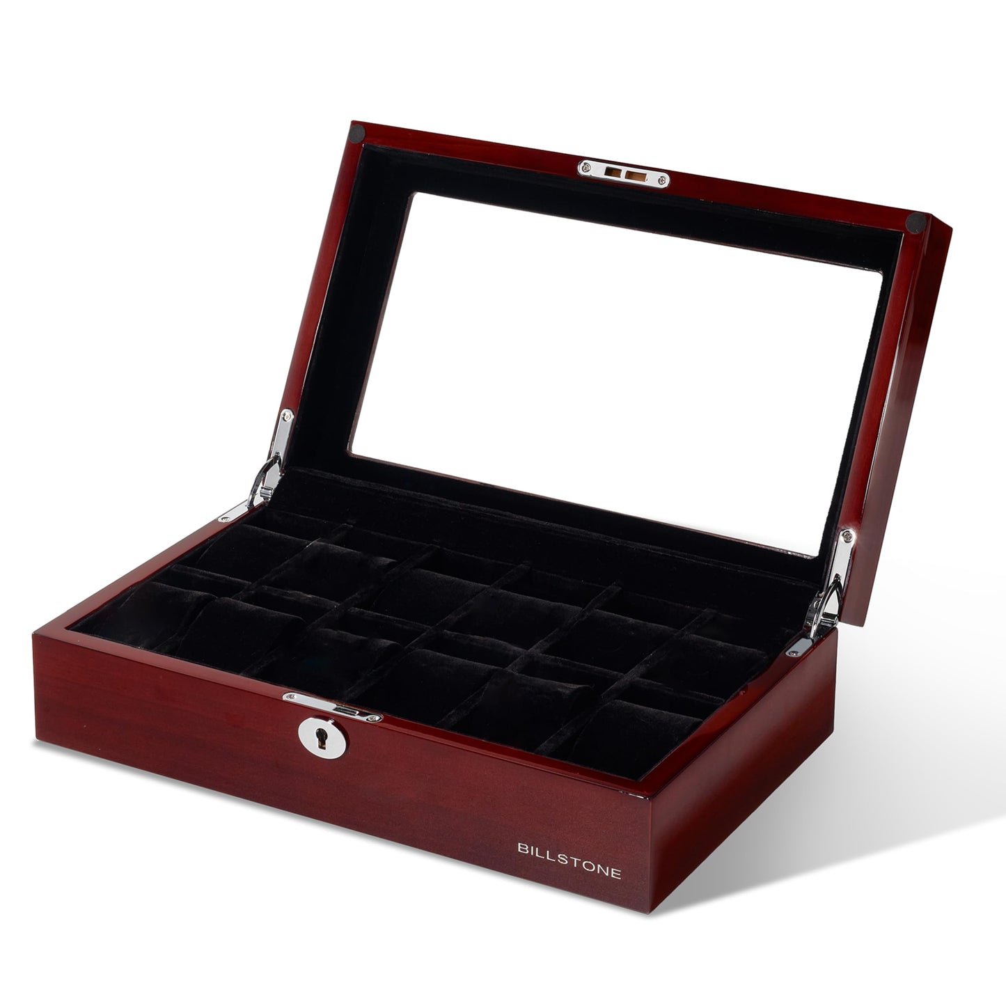 BILLSTONE Heritage 12 Wooden Watch Box – 12 Slot Watch Organizer, High-Polish Bubinga Wood with Black Velvet Interior