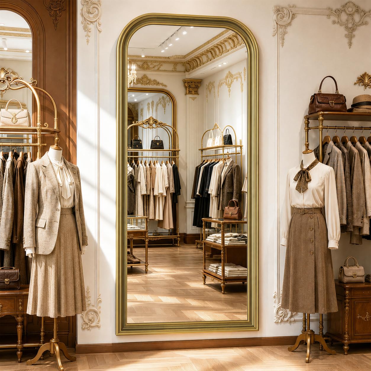 FlyEcho Full Length Mirror with Stand, 71"x32" Full Body Mirror, Floor Length Mirrors Wall Mounted with Rounded Top, Large Standing Mirrors, PU Frame, for Bedroom Living Room Cloakroom, Antique Gold