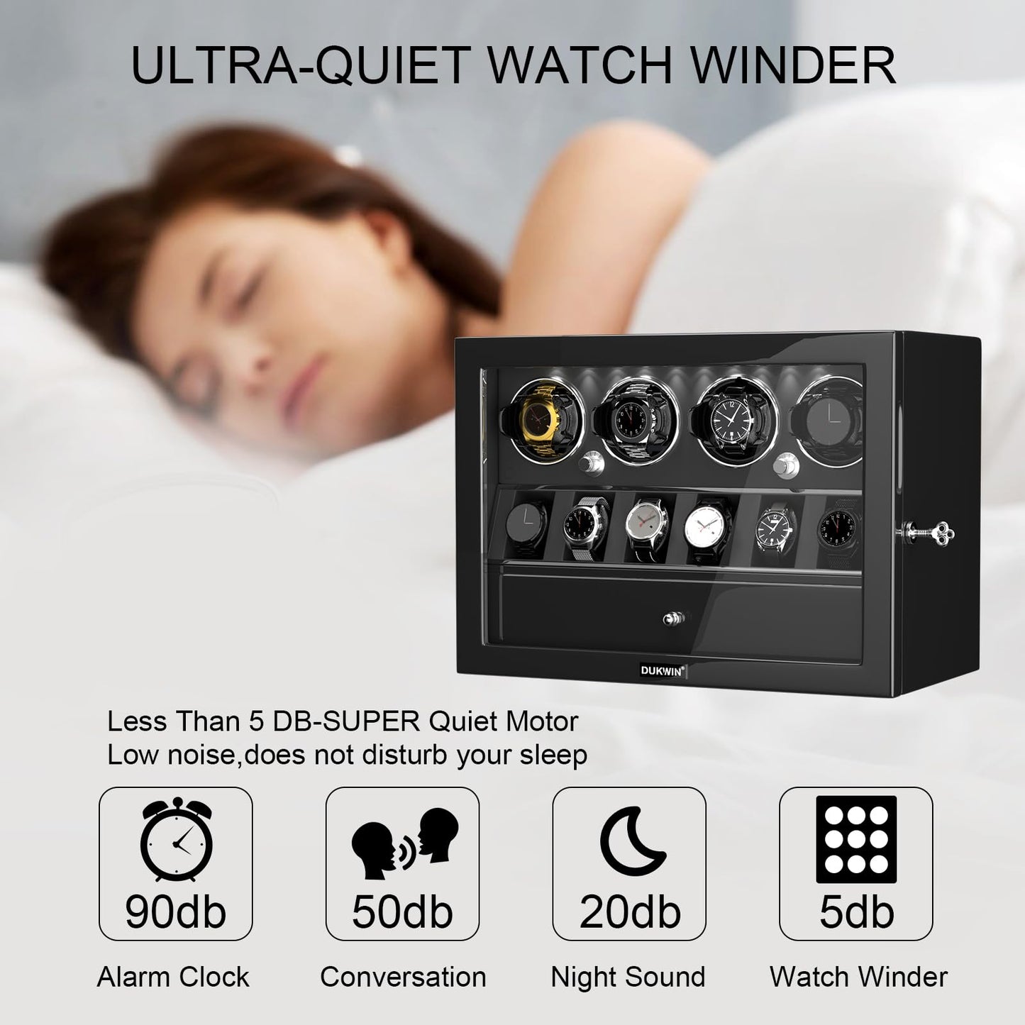DUKWIN Watch Winder for 4 Automatic Watches, Watch Winders with Watch and Jewelry Storages, Super Quiet Mabuchi Motor with High-Gloss Piano Lacquer Finish,Built-in Illumination
