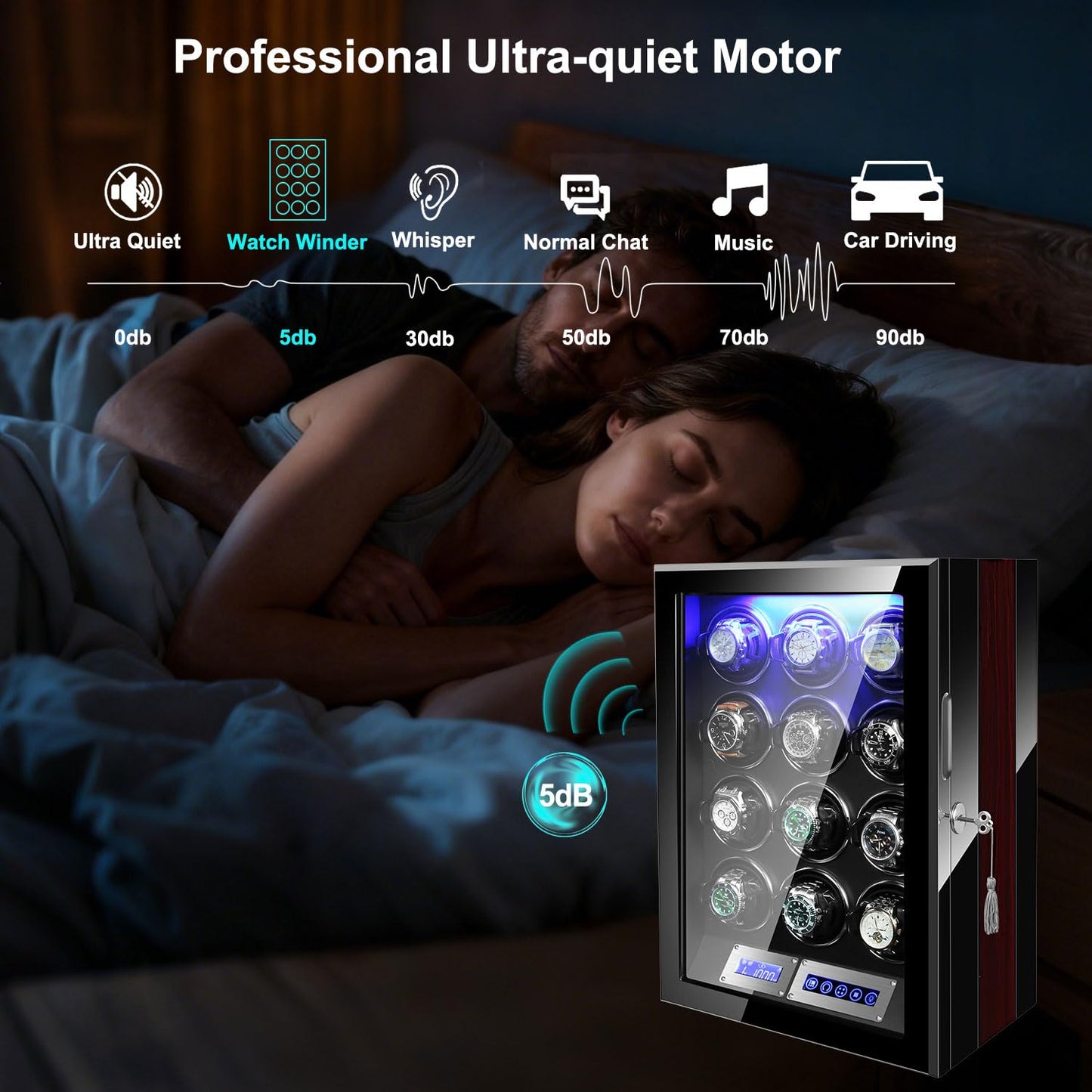 LELTNSOU Watch Winder for 12 Winding Spaces Automatic Watches, Ultra-Quiet Japanese Motors, Built-in LED Illumination and LCD Touchscreen Control