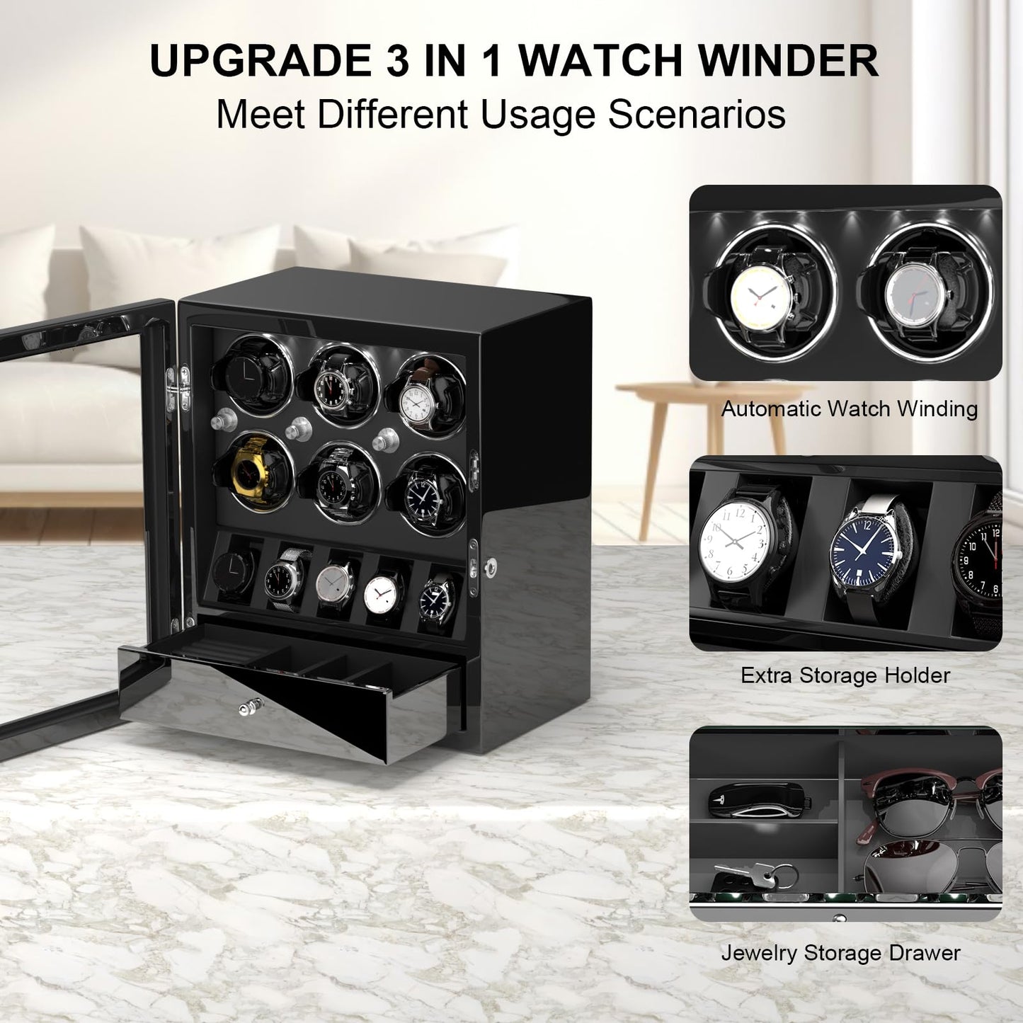 DUKWIN Watch Winder for 6 Automatic Watches,Lockable Watch Winders with Watch and Jewelry Storages, Super Quiet Mabuchi Motor with High-Gloss Piano Lacquer Finish,Built-in Illumination-Black