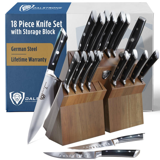Dalstrong 18-Piece Gladiator Colossal Knife Block Set — German High-Carbon Steel, Full-Tang, Hand-Sharpened — For Home Chefs, Wedding Registries & Serious Kitchens — Acacia Wood Block, NSF Certified