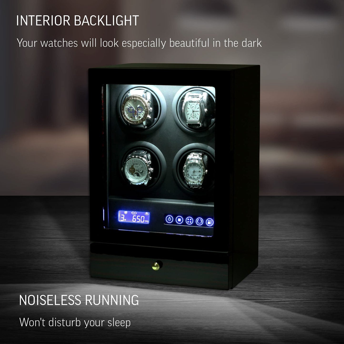 Automatic Watch Winder with LED Light, Storage Drawer and LCD Touchscreen Control (Ebony)