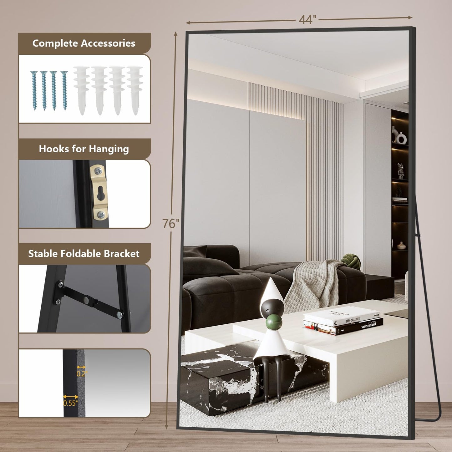 Mirrorons 76"x44" Oversized Black Full Length Mirror, Floor Standing or Wall Mounted with Hanging Kit, Shatterproof Tempered Glass Mirror for Living Room, Bedroom, Dressing Room, Gym