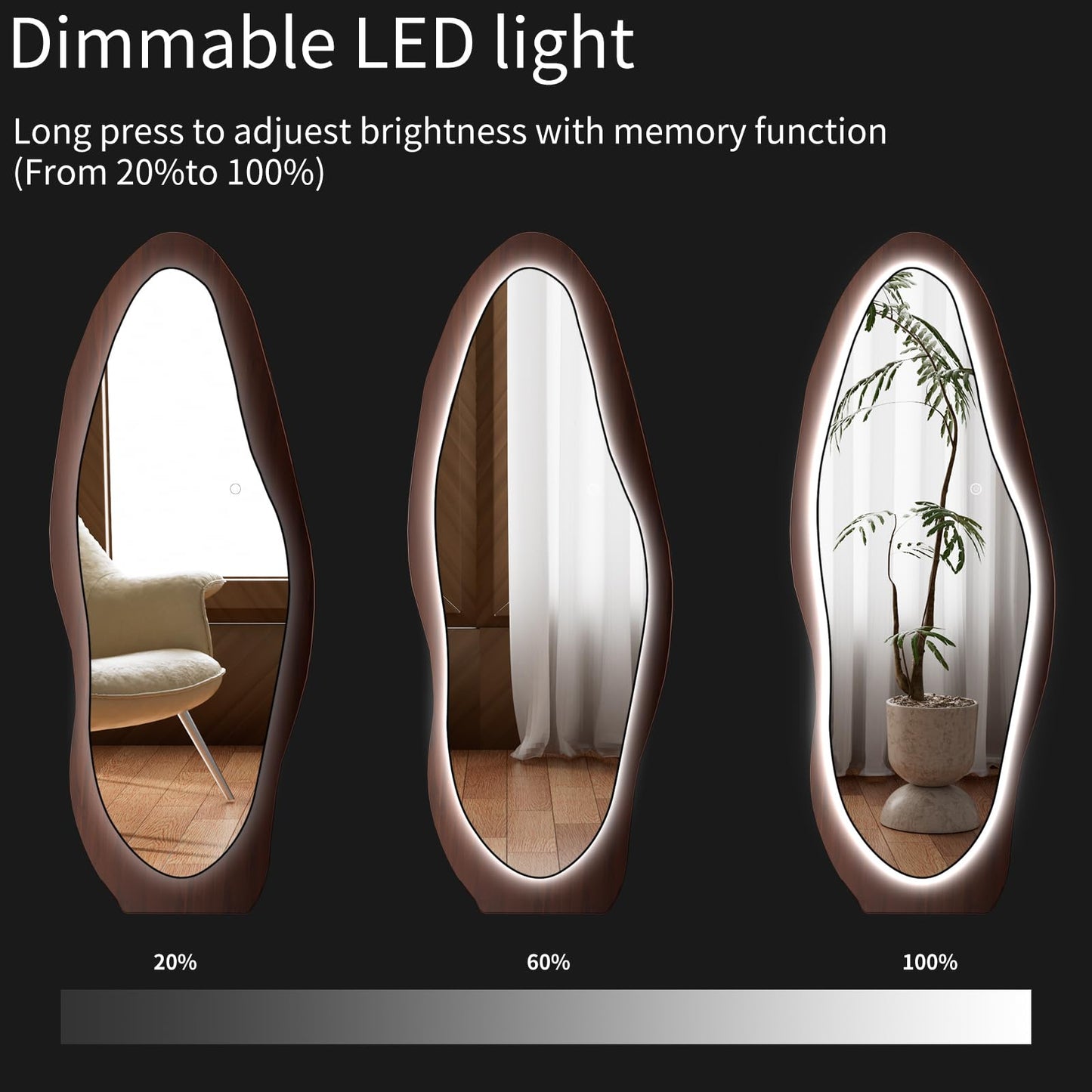 osemy 67"x 26" LED Wood Full Length Mirror with Lights Irregular Wavy Full Body Mirror Shatter-Proof Hanging/Leaning Wall Mounted Walnut Wooden Framed for Dressing Bedroom Living Room