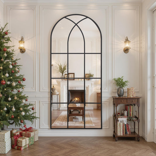 Arched Window pane Full Length Mirror 24"x65", Full Body Standing Mirror, Window Shaped Farmhouse Style with Aluminum Frame, Decor Wall Mirrors for Living Room, Courtyard, Bedroom, Entryway, Black