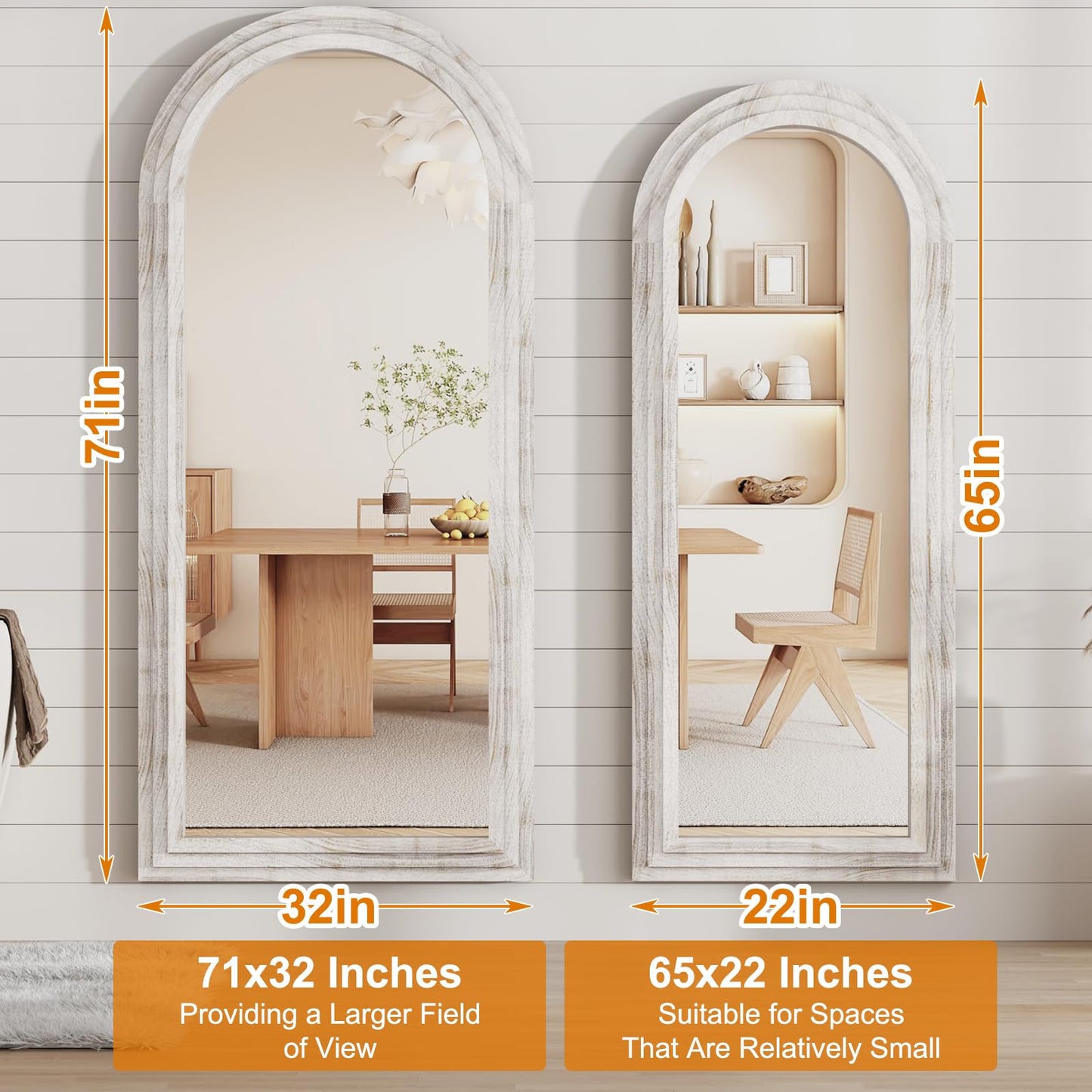 ZHUNFA External Three-Layer Arched Full Length Mirror with Solid Wood Frame,71x32 Modern Farmhouse Decor Standing Mirror Full Length,Wall Mounted,Leaning,Standing for Bedroom,Living Room,White.