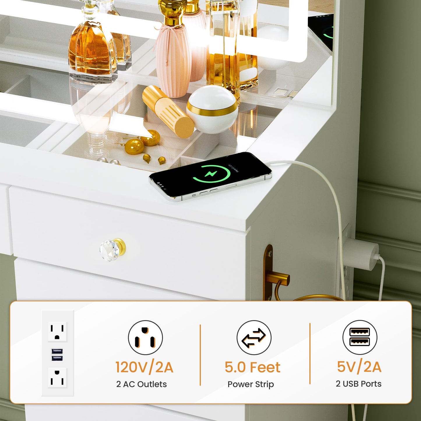 Fkhouse 11 Drawers Glass Top Vanity Desk with Chair, Crystal Handles Makeup Vanity with Mirror and Lights, Dressing Table with Power Outlet, Adjustable Lighting Modes, White