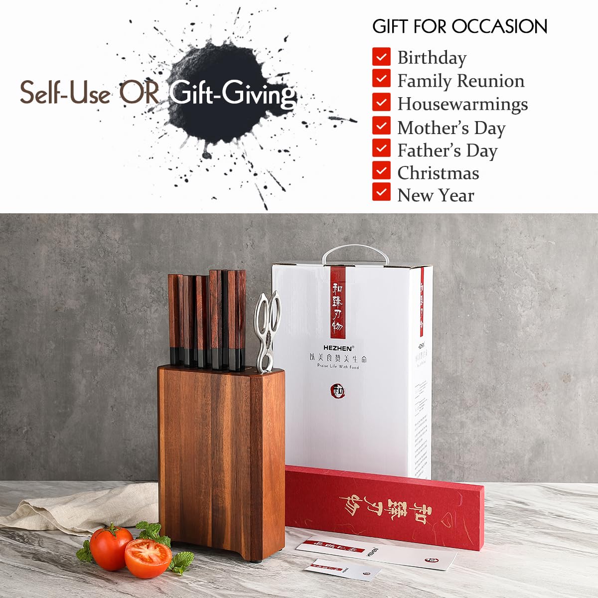 HEZHEN Knife Block Set, 7 Piece Chef Knife Set with Block&Siccor, 3 Layers Clad Steel Kitchen Knife, Kitchen Scissors Acacia Wood Knife Block, Room-saving, Gift Ready Set