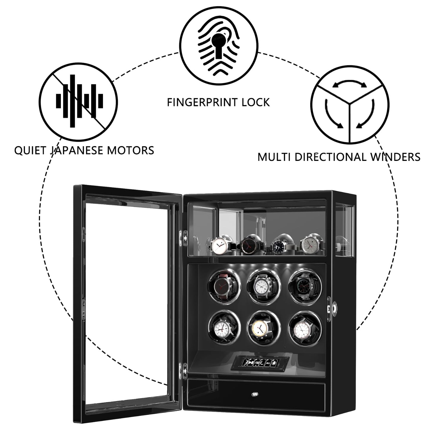 DUKWIN Watch Winder, Fingerprint Lock Automatic Watch Winder for 6 Watches with 4 Holders,300-2300 TPD,Digital Display, Remote Control,Jewelry Storage and Adjustable Watch Pillow and LED Light,Black