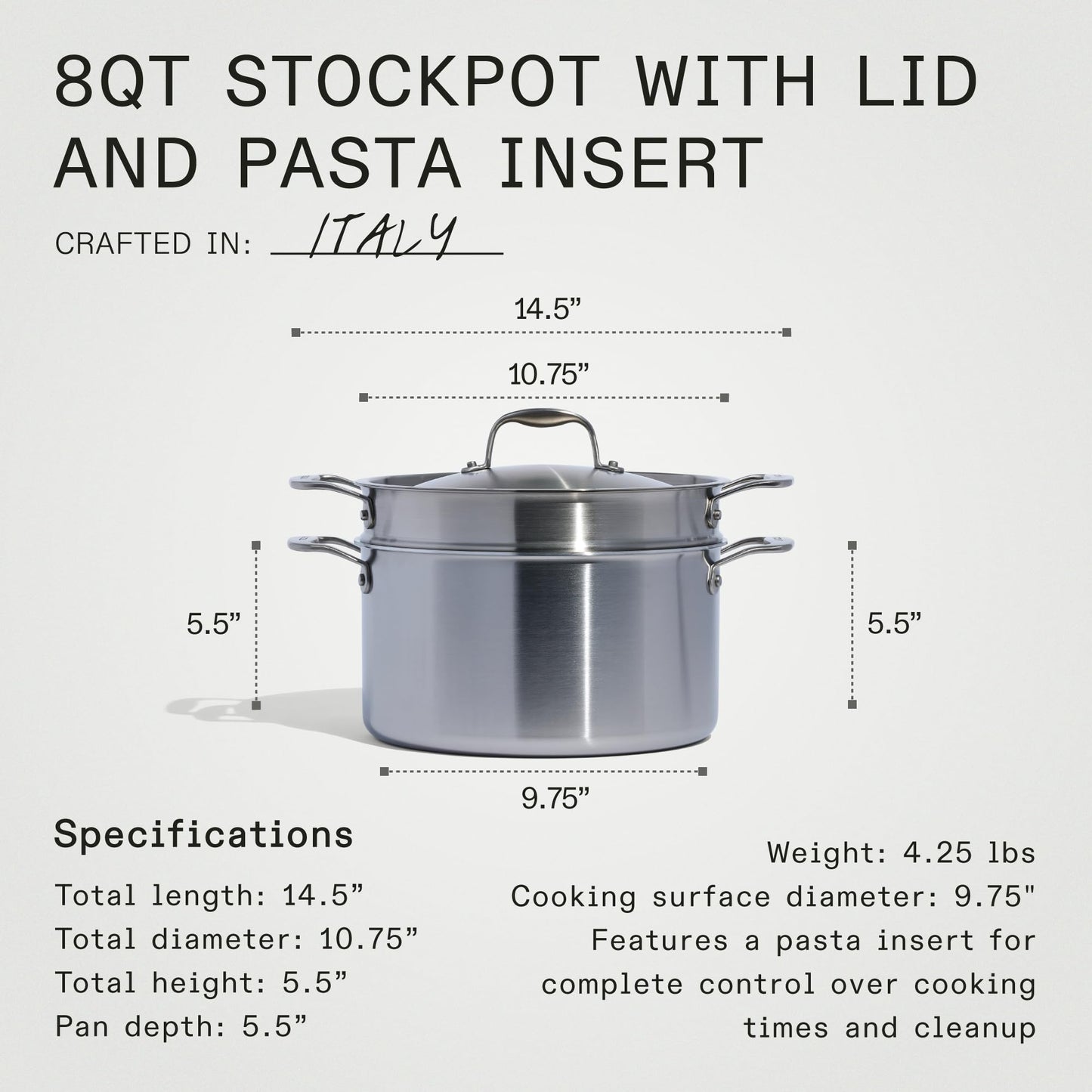 Made In Cookware | 8 Quart Stainless Steel Stock Pot With Lid and Pasta Insert | 5 Ply Stainless Clad | Professional Cookware | Crafted in Italy | Induction Compatible