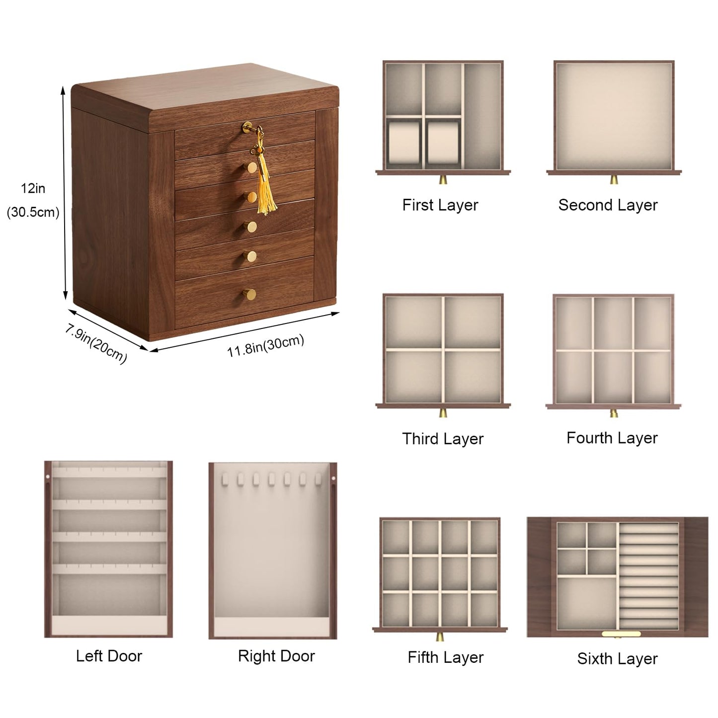 Homruilink Black Walnut Wooden Jewelry Box, Wood Jewelry Organizer with 2 Side Doors Mirror Lockable Classical Style for Watch Necklace Ring Earring Storage, Ideal Gift-6 Layer